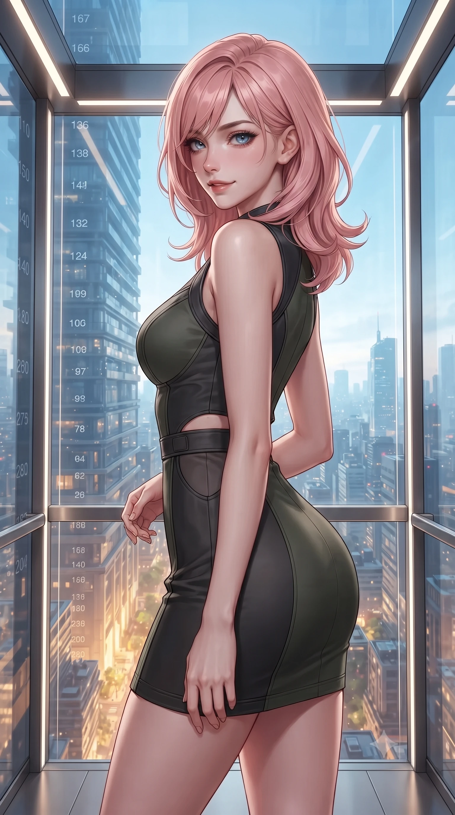 score_9, masterpiece, best quality, ultra-detailed, high-budget anime keyframe, editorial fashion photography, tasteful artistic composition, Japanese woman. close-up cowboy shot from the waist and thighs up, the character dominates the composition, filling the frame with her large presence, background elements kept in soft focus. Glancing sidelong over her shoulder with a smoldering half-smile. set against a soft-focus background of inside a transparent crystal elevator ascending through a building of impossible height with the entire cityscape unfolding below like a growing miniature model floor numbers counting into the hundreds. She has an exceptionally elegant and slender, willowy female figure with an ultra-slim waist, a gracefully sculpted slender torso, and a refined slim physique. sharp v-shaped jawline, high-bridge nose, intricate jewel-like eyes with depth, thick eyelashes, glossy lips with a natural sheen. wearing a combat mini dress in dark olive green and charcoal, featuring subtle hip cutouts and a structured bodice. the elevator interior lit by subtle LED strips while the panoramic city outside provides dynamic changing light from golden at ground level to cool blue at cloud height. 2k, ultra detail, master piece, 9:16 ratio