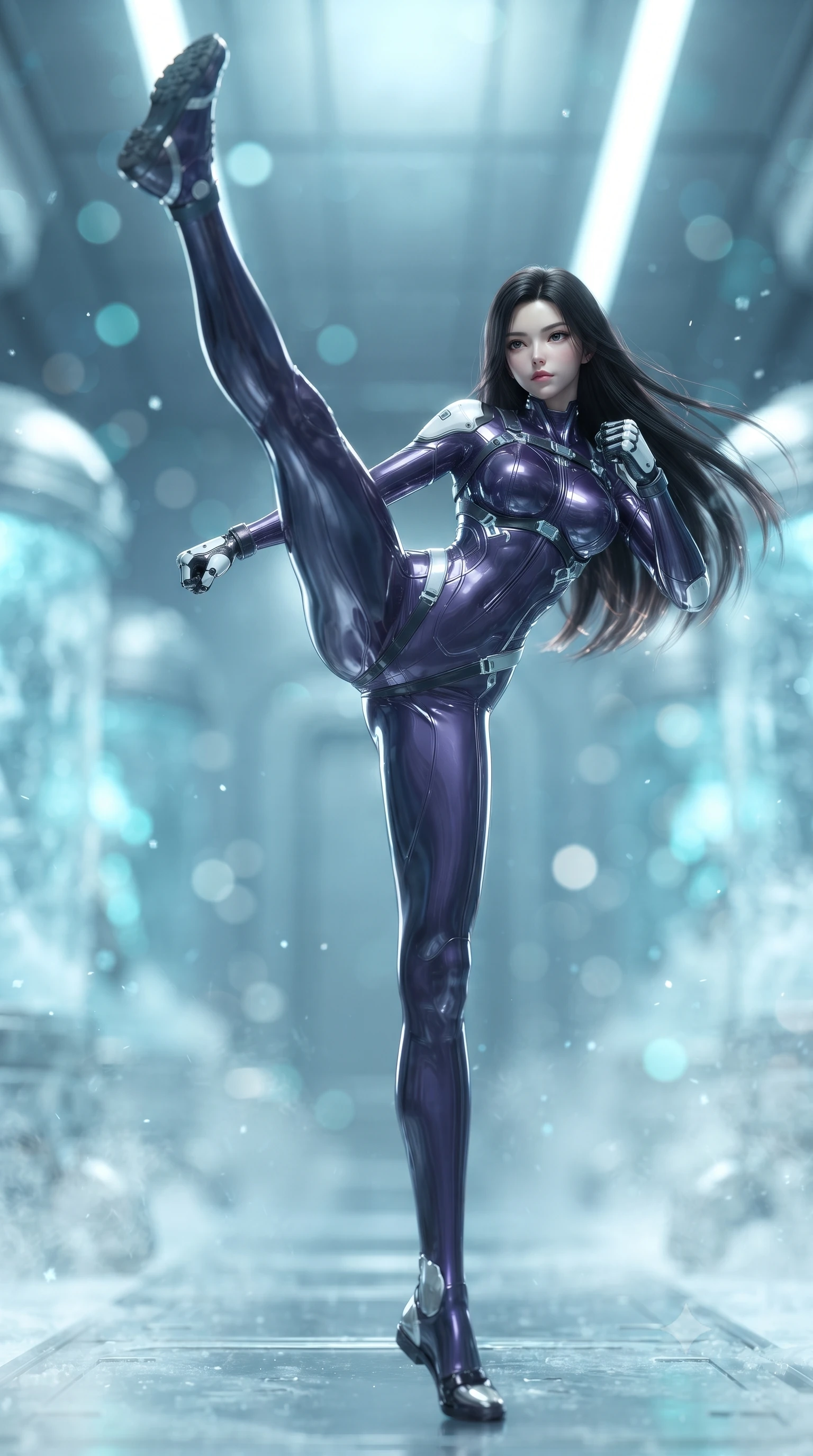 score_9, masterpiece, best quality, ultra-detailed, high-budget anime keyframe, editorial fashion photography, tasteful artistic composition, Korean woman. low angle full-body shot from head to toe showing her feet, filling the entire 9:16 vertical frame with her statuesque presence, stretching her vertical silhouette. executing a breathtaking zero-gravity high-kick with full 180-degree vertical extension, her impossibly long slender legs dominating the frame with razor-sharp poise while stepping across the frosted chamber with silent, lethal predator grace that commands absolute stillness. The composition keeps background elements in soft focus with creamy bokeh. drifting cryogenic frost vapor and frozen glass pods blurred into radiant cyan, silver, and pale blue bokeh. She has an absolutely perfect, statuesque 8.5-heads proportion, an exceptionally tall and slender model-like female figure with impossibly long slender legs, a toned flat midriff, and an ultra-slim waist. sharp v-shaped jawline, high-bridge nose, intricate jewel-like eyes with depth, thick eyelashes, glossy lips with a natural sheen, flawlessly proportioned anatomical accuracy, strict slender model proportions, natural body alignment, perfectly sculpted long slender limbs, ultra-slim waistline, clean dynamic posture without body distortion. wearing a precision-fitted royal purple carbon-fiber martial arts suit with silver accents and glowing micro-circuit knuckle plating in monochrome white enamel carbon with high-contrast black panels, formed from high-gloss patent carbon-plating with specular chiaroscuro reflections, reinforced by a sleek titanium kinetic harness and glowing micro-energy straps, the glove-like aerodynamic second-skin fit tightly clinging to her ultra-slender waist and athletic curves without adding bulk, accentuating her razor-sharp statuesque lines and slim hourglass silhouette. illuminated by crisp specular ice refractions outlining her ultra-slim waist, long legs, and flat midriff. ultra-reflective glossy finish, specular highlights, dark metallic sheen, high-contrast stereoscopic depth, volumetric dynamic lighting, 2k, ultra detail, master piece, 9:16 ratio