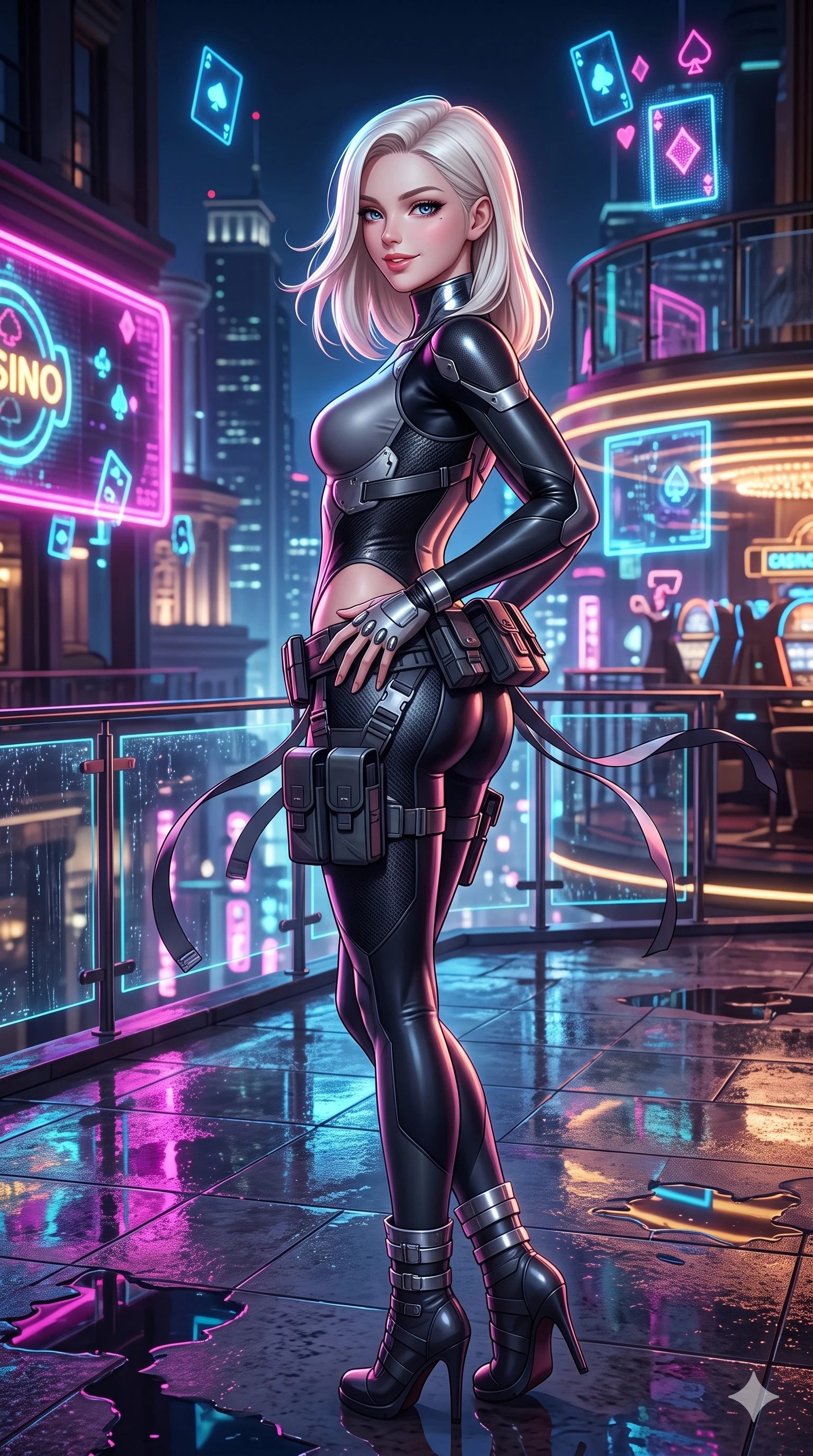 score_9, masterpiece, best quality, ultra-detailed, high-budget anime keyframe, semi-realistic 3D game render, editorial fashion photography, tasteful artistic composition, Caucasian woman. close-up cowboy shot from the waist and thighs up, the character dominates the composition, filling the frame with her large presence. resting both hands lightly on her tactical utility belt, arching her spine to highlight her narrow waist, flat midriff, and breathtaking collarbones while executing a cheerful mid-motion pivot turn as her tactical belt and ribbons flutter around her slender legs, glancing over her shoulder with an intoxicating, teasing bedroom-gaze while standing on the open casino balcony. The surrounding environment is rendered in vivid detail and crisp panoramic clarity: sharp neon signage glass tube reflections, wet terrace glass floor reflections, and floating digital card suits in deep focus. She has an exceptionally elegant, slender, and willowy female figure with an ultra-slim waist, flat toned midriff, narrow ribcage, and sculpted feminine hips creating an alluring, slim hourglass silhouette without bulk. sharp v-shaped jawline, high-bridge nose, intricate jewel-like sparkling eyes with depth, thick eyelashes, glossy parted lips with a natural sheen, bright confident smile with an enchanting and coquettish sensual glint, exuding both youthful magnetic charm and sovereign high-tech allure, flawlessly proportioned anatomical accuracy, strict slender model proportions, natural body alignment, perfectly sculpted long slender limbs, ultra-slim waistline, clean dynamic posture without body distortion. wearing a form-fitting cybernetic combat suit in matte black latex and carbon fiber, tracing her willowy silhouette with a high neck in reflective liquid mercury and matte phantom grey, tailored from brushed aeronautical titanium alloy with matte satin sheen, complemented by strappy stiletto combat boots with metallic ankle wraps accentuating her slender calves, the impeccably tailored cut draping gracefully along her slender figure with aristocratic poise. illuminated by terrace floor puddle reflections and sharp magenta-cyan rim lights sculpting her razor-sharp jawline, narrow waist, and curvy hips. highly saturated vibrant anime colors, detailed shading with soft gradients, rich glossy textures, high-contrast stereoscopic depth, volumetric dynamic lighting, master piece, 9:16 ratio