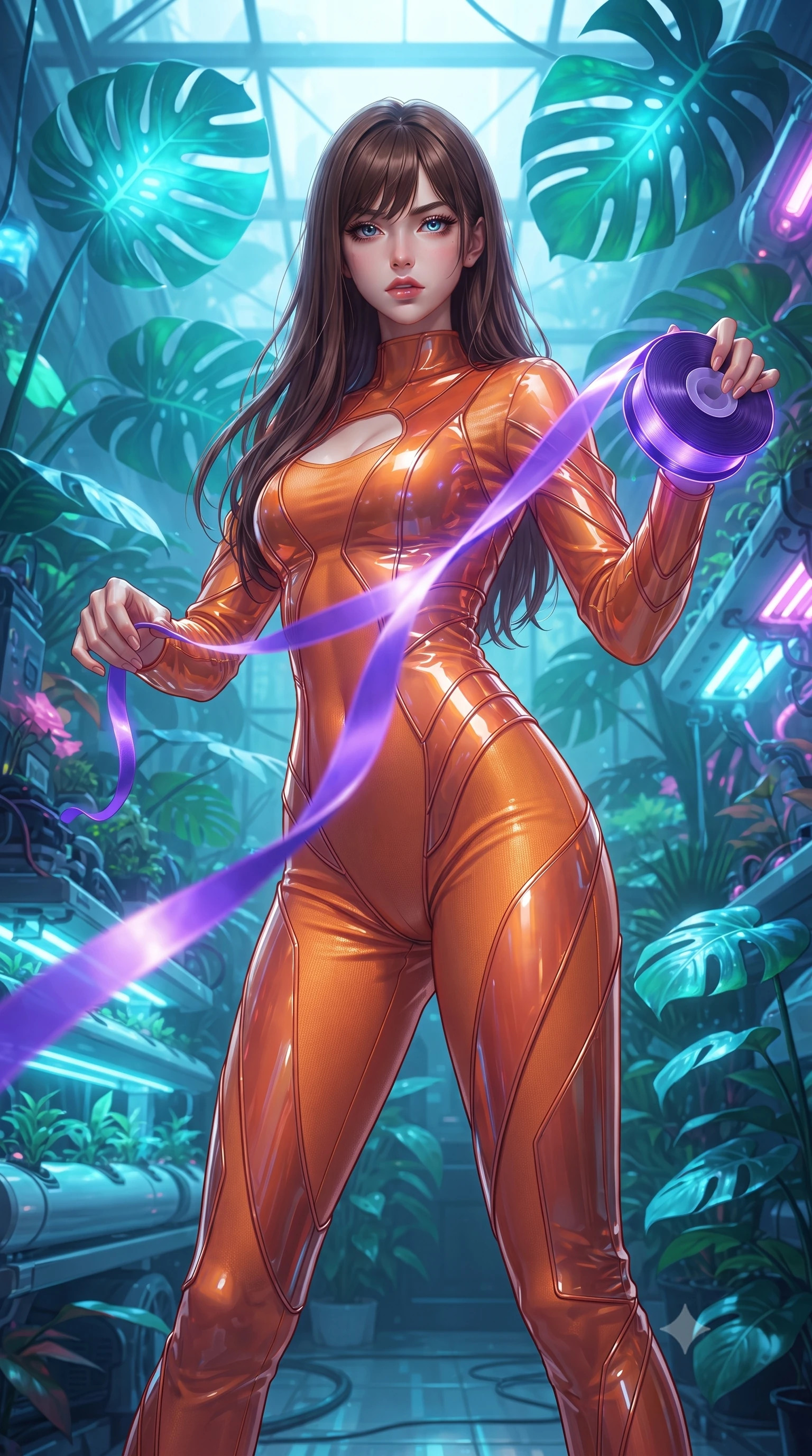 score_9, masterpiece, best quality, ultra-detailed, High-budget Anime Keyframe, editorial fashion photography, tasteful artistic composition, realistic cosplay photography, East Asian woman. Low angle cowboy shot filling the entire 9:16 frame with her statuesque presence. Scenario 538: unravelling a spool of glowing violet ribbon in a cybernetic greenhouse filled with giant glowing tropical leaves. Her presence is magnetic and overpowering in this high-budget cinematic scene. Outfit 538: a body-hugging sunset orange bodycon knit jumpsuit featuring layered translucent panels over a sleek slip dress. The clothing is designed to emphasize her exceptionally tall and slender 8-heads proportion. 8-heads proportion, towering silhouette, ultra-slim waist. sharp v-shaped jawline, intricate jewel-like eyes with depth, thick eyelashes, glossy lips. ultra-reflective glossy finish, specular highlights, metallic sheen, high-contrast stereoscopic depth, volumetric dynamic lighting, 2k, ultra detail, master piece, 9:16 ratio