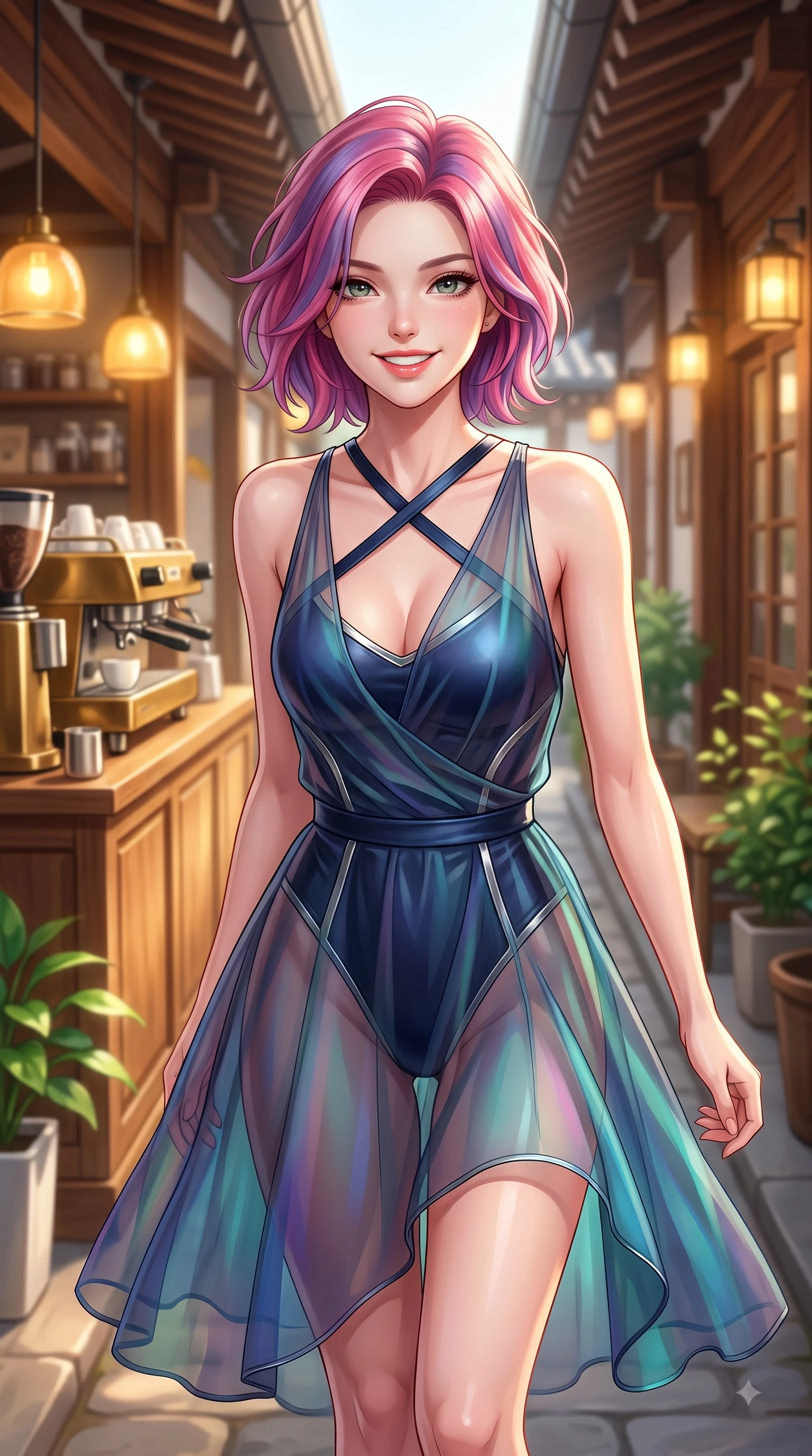 score_9, masterpiece, best quality, ultra-detailed, high-budget anime keyframe, editorial fashion photography, tasteful artistic composition, Caucasian woman. close-up cowboy shot from the waist and thighs up, the character dominates the composition, filling the frame with her large presence, background elements kept in soft focus. Cheerful beaming smile with sparkling eyes and a fresh girlhood aura, leaning forward with playful grace while stepping along a quiet Hanok alley lined with artisanal coffee shops under warm sunlight, warm oak wood interior and brass coffee machines reflecting soft golden ambient lamps. She has an exceptionally elegant, slender, and willowy female figure with an ultra-slim waist, a gracefully sculpted slender torso, and a refined silhouette. sharp v-shaped jawline, high-bridge nose, intricate jewel-like eyes with depth, thick eyelashes, glossy lips with a natural sheen, flawlessly proportioned anatomical accuracy, natural body alignment, perfectly sculpted elegant limbs, clean dynamic posture without body distortion. wearing a semi-opaque sheer overlay dress over a leather micro-bodysuit in midnight navy blue and chrome trim, crafted from iridescent chiffon that shifts colors in the light, complemented by criss-cross back straps highlighting her bare shoulders, the elegant draped fit framing her graceful clavicle and slender torso. illuminated by soft glowing amber indoor lamps and gentle greenery reflections. highly saturated vibrant anime colors, detailed shading with soft gradients, rich glossy textures, high-contrast stereoscopic depth, volumetric dynamic lighting, master piece, 9:16 ratio