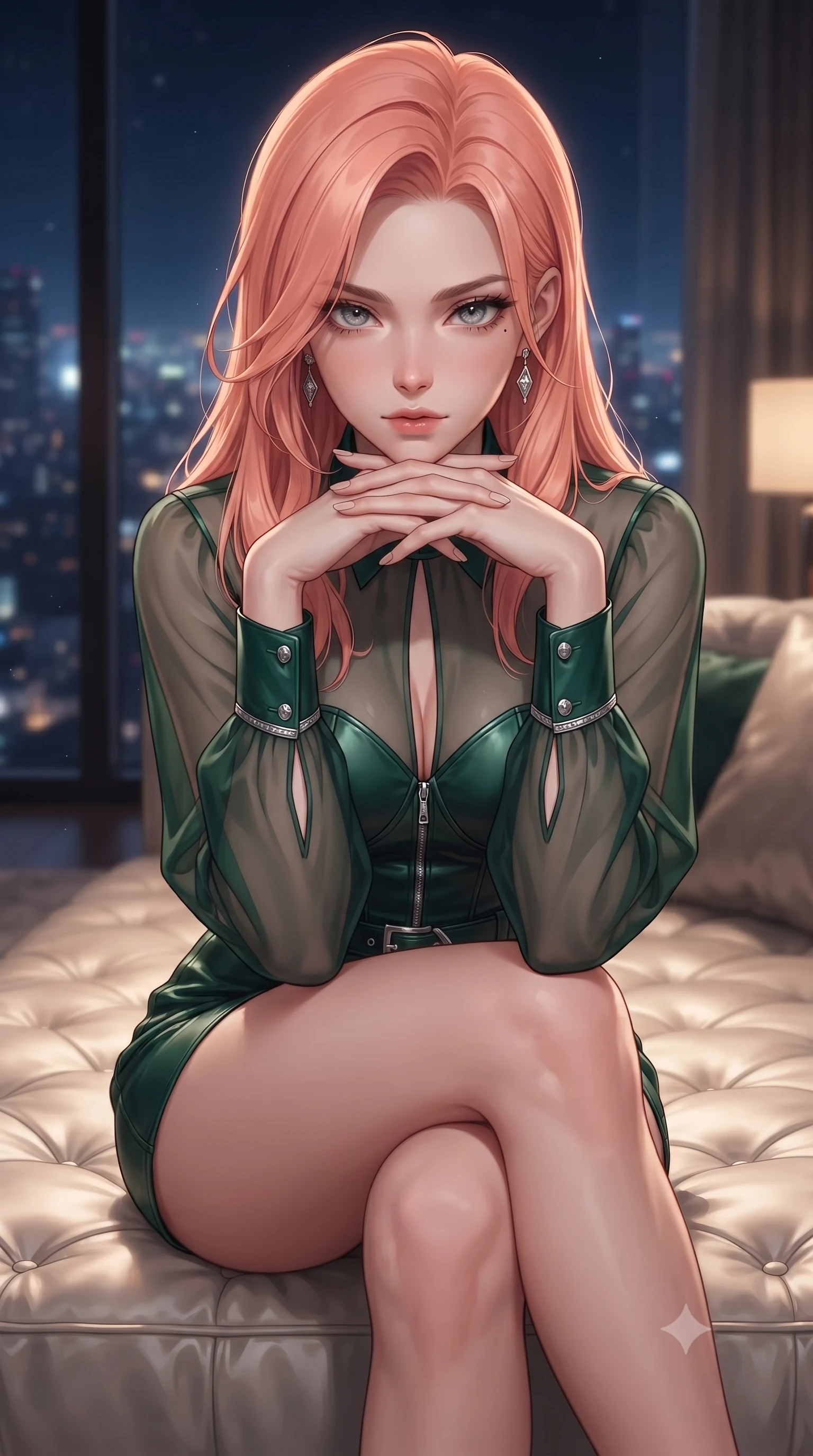 score_9, masterpiece, best quality, ultra-detailed, high-budget anime keyframe, editorial fashion photography, tasteful artistic composition, Japanese woman. close-up cowboy shot from the waist and thighs up, the character dominates the composition, filling the frame with her large presence, background elements kept in soft focus. Resting her chin on the backs of her fingers, casting a sharp, mysterious gaze sitting on a plush silk daybed in a high-rise luxury penthouse overlooking city lights, soft moonlight tracing her slender shoulder and collarbone lines elegantly. She has an exceptionally elegant, slender, and willowy female figure with an ultra-slim waist, a gracefully sculpted slender torso, and a refined silhouette. sharp v-shaped jawline, high-bridge nose, intricate jewel-like eyes with depth, thick eyelashes, glossy lips with a natural sheen. wearing a tailored leather bustier over a sheer silk chiffon blouse in deep emerald green and silver accent, crafted from smooth liquid silk, accented with a Tasteful chest slit framing her clavicle gracefully, the glove-like fit emphasizing her statuesque silhouette. bathed in warm luxury ambient lighting and soft silver moonlight accents. highly saturated vibrant anime colors, detailed shading with soft gradients, rich glossy textures, high-contrast stereoscopic depth, volumetric dynamic lighting, master piece, 9:16 ratio