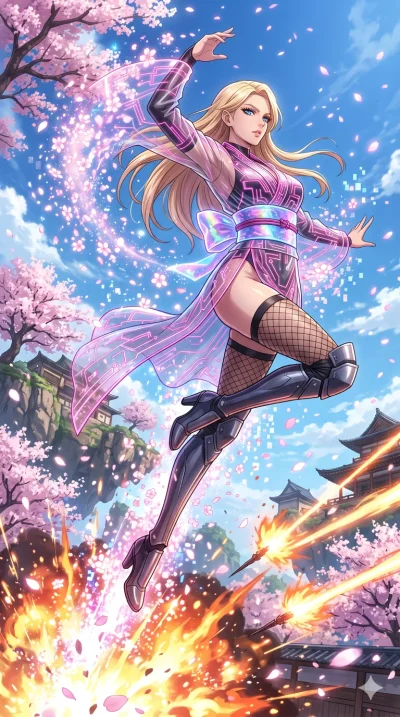 score_9, masterpiece, best quality, ultra-detailed, High-budget Anime Keyframe, vibrant colors, fluid line-art, expressive lighting, cinematic composition, Ufotable-style visual effects, top-tier animation quality, Caucasian woman with pale skin, blo