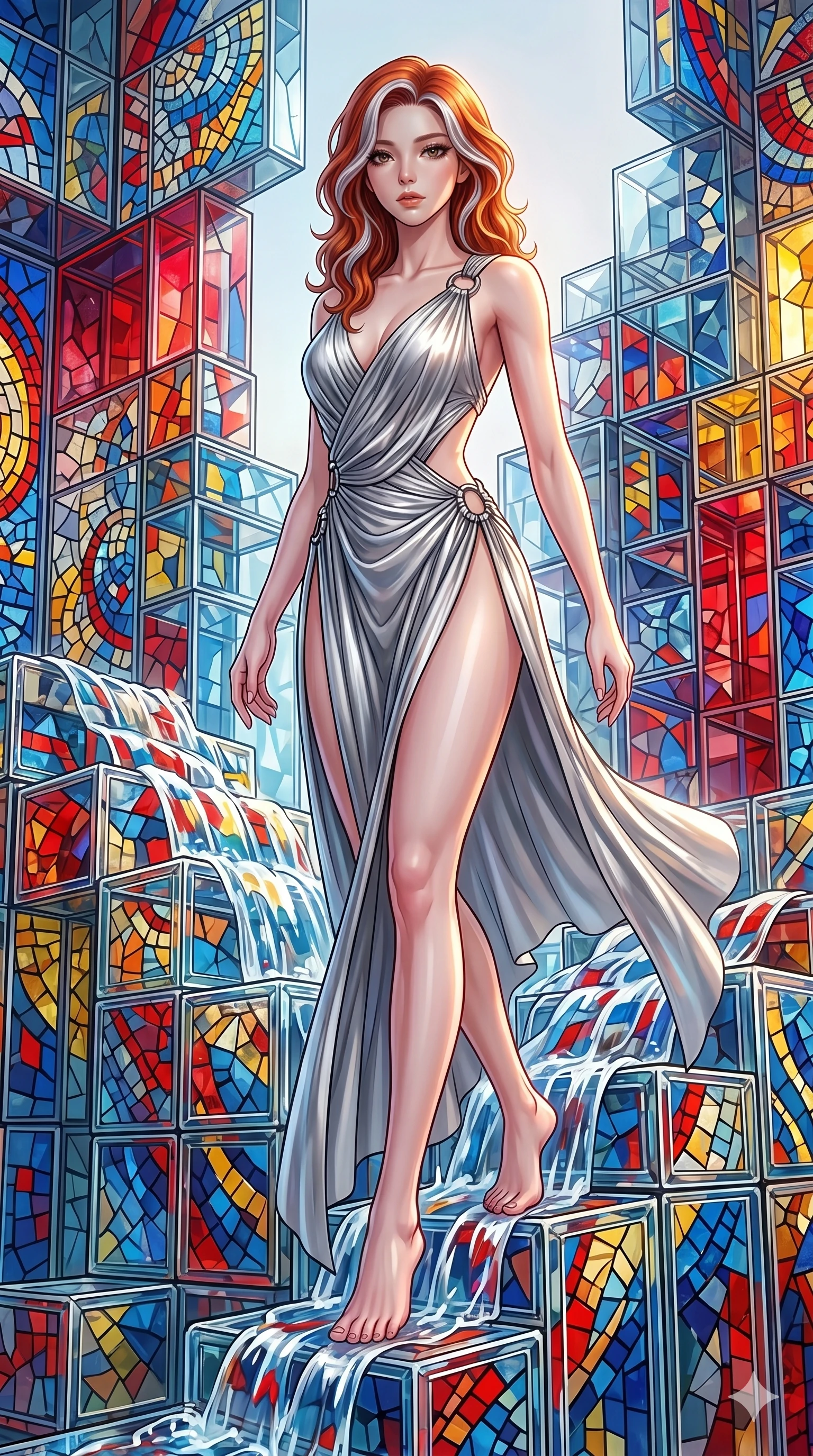 score_9, masterpiece, best quality, ultra-detailed, high-budget anime keyframe, Korean woman. upper body close-up from the thighs up, character filling the screen for maximum presence. balancing on cubist glass blocks that cascade like a waterfall, reflecting complex mosaic patterns and primary colors. She has an absolutely perfect 8-heads proportion, an exceptionally tall and slender female figure with impossibly long slender legs and an ultra-slim waist. V-shaped jawline, high-bridge nose, intricate jewel-like eyes with depth, thick eyelashes, glossy lips with a natural sheen.. wearing a draped Grecian cyber-gown, featuring draped silver metallic chiffon held by metal ring hardware, displaying a high-leg line. lit by a soft glowing ambient light and a sharp side key light that traces the sleek contours of her athletic build. 2k, ultra detail, master piece, 9:16 ratio