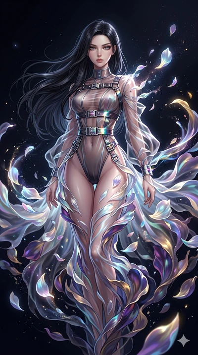 score_9, masterpiece, best quality, ultra-detailed, High-budget Anime Keyframe, East Asian woman. Low angle cowboy shot filling the entire 9:16 frame with her statuesque presence. Scenario 1: Dissolving into a cloud of iridescent silk petals in a voi