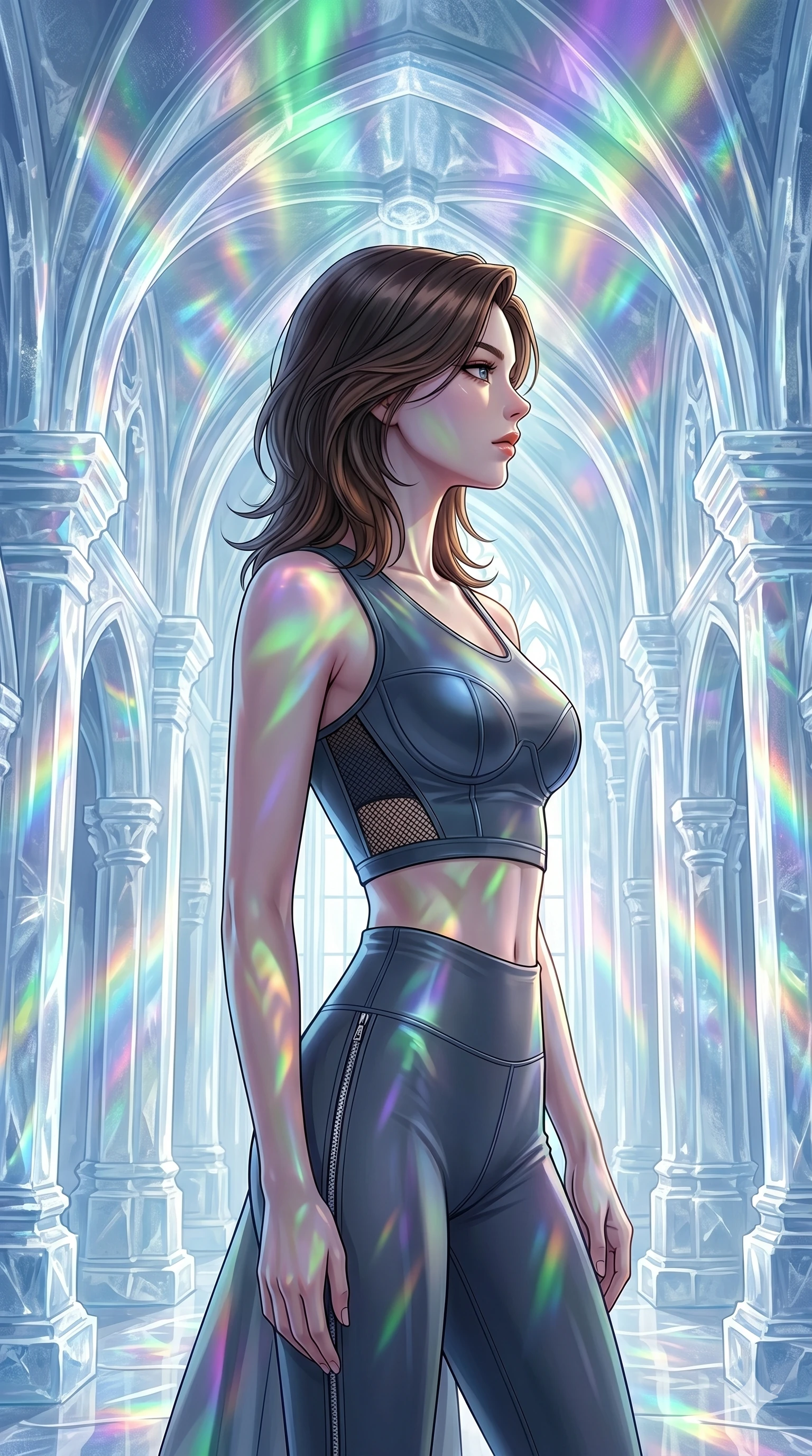 score_9, masterpiece, best quality, ultra-detailed, high-budget anime keyframe, editorial fashion photography, tasteful artistic composition, Korean woman. cowboy shot from the thighs up, character and outfit filling the frame for maximum editorial presence. Turning her face in sharp dramatic profile against the light inside a cathedral carved from pure glacier ice with refracted rainbow light pouring through every surface. She has an absolutely perfect 8-heads proportion, an exceptionally tall and slender female figure with impossibly long slender legs and an ultra-slim waist. V-shaped jawline, high-bridge nose, intricate jewel-like eyes with depth, thick eyelashes, glossy lips with a natural sheen. wearing a high-performance fitted crop sports top in deep chrome grey with sculpted structured cups and a bold graphic mesh insert at the sides, paired with matching high-waist compression leggings with side chrome zip details. illuminated by a shifting aurora palette of green, violet, and gold from above, wrapping her in color. 2k, ultra detail, master piece, 9:16 ratio