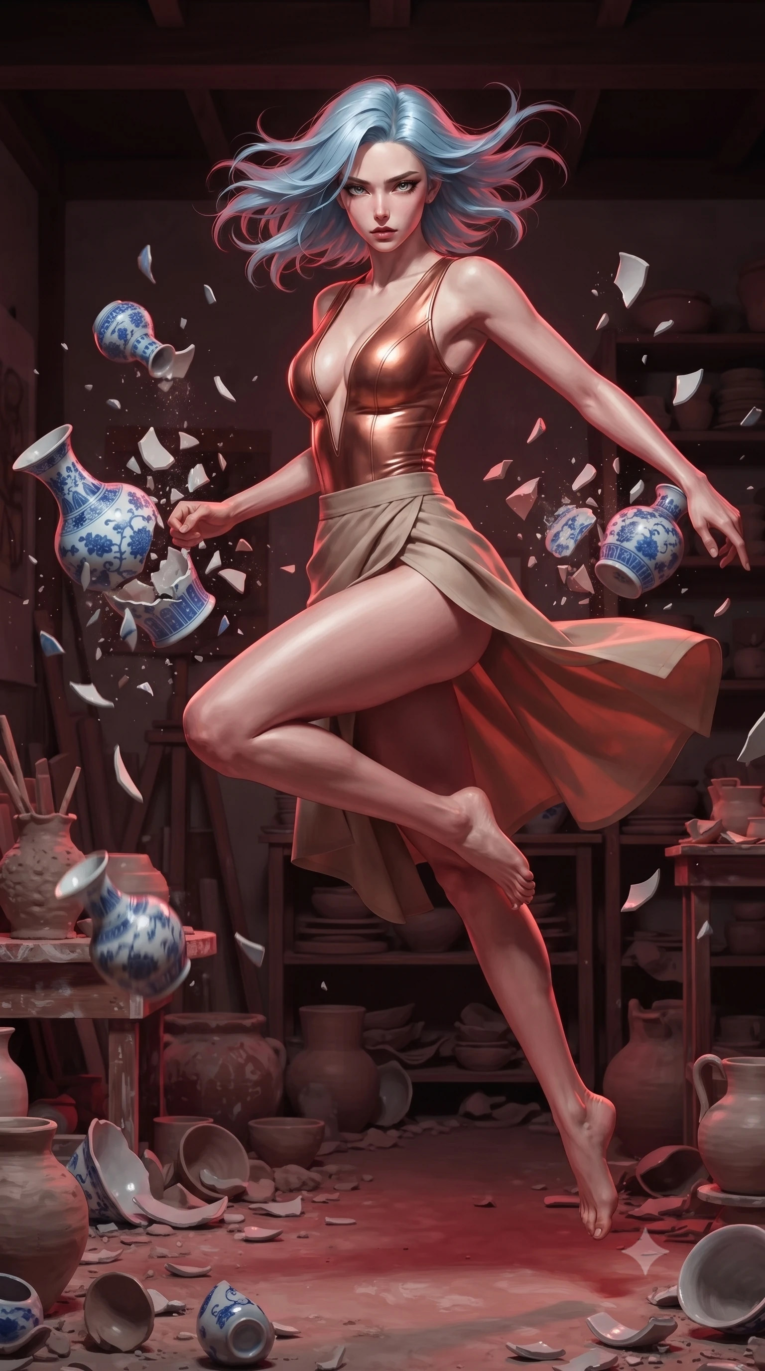 score_9, masterpiece, best quality, ultra-detailed, high-budget anime keyframe, editorial fashion photography, tasteful artistic composition, realistic cosplay photography, Korean woman. low angle full-body shot from head to toe showing her feet, filling the entire 9:16 vertical frame with her statuesque presence, stretching her vertical silhouette. leaping dynamically high in the air while slicing forward with wind-whipped hair through an artist's studio filled with spinning blue-and-white porcelain vases that are shattering in slow motion. She has a statuesque 8.5-heads proportion, an exceptionally tall, slender and willowy model-like build with impossibly long legs and a highly sculpted ultra-slim waist. sharp v-shaped jawline, high-bridge nose, intricate jewel-like eyes with depth, thick eyelashes, glossy lips with a natural sheen. wearing tailored for maximum mobility, sleek form-contouring panels that allow fluid movement, a slim-fit metallic copper bodysuit with a deep V-cut front, paired with a flowing beige asymmetrical wrap skirt. deep crimson theatrical lighting with sharp specular highlights on every curve. ultra-reflective glossy finish, specular highlights, metallic sheen, high-contrast stereoscopic depth, volumetric dynamic lighting, 2k, ultra detail, master piece, 9:16 ratio