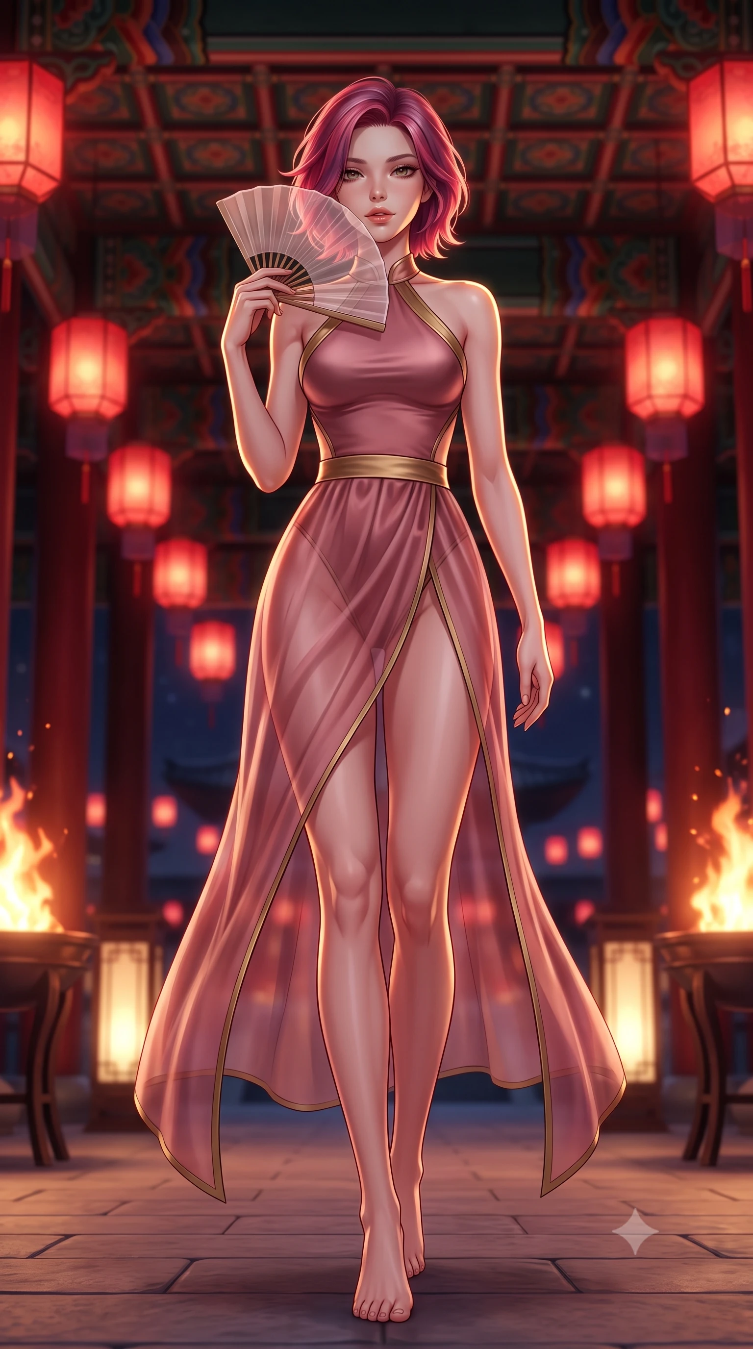 score_9, masterpiece, best quality, ultra-detailed, high-budget anime keyframe, semi-realistic 3D game render, editorial fashion photography, tasteful artistic composition, Caucasian woman. low angle full-body shot from head to toe showing her feet, filling the entire 9:16 vertical frame with her statuesque presence, stretching her vertical silhouette. stepping slowly toward the camera with hypnotic grace, hips swaying in an alluring sensual rhythm that accentuates her curvy hourglass silhouette and long slender legs while twisting her slender torso in an alluring contrapposto stance, palace festival lanterns casting vibrant crimson glow across her curves. The background shows a soft-focus ornate dancheong ceiling patterns softened in grand palace night shallow focus. She has an absolutely perfect, statuesque 8.5-heads proportion, an exceptionally tall and slender model-like female figure with impossibly long slender legs, an ultra-slim waist, a flat toned midriff, narrow delicate ribcage, and beautifully sculpted feminine hips creating a graceful, slim hourglass silhouette without any bulky heaviness. sharp v-shaped jawline, high-bridge nose, sparkling eyes with hypnotic seductive depth, thick curled eyelashes, glossy parted lips with a natural dewy peach sheen, alluring bedroom-eyes with an enchanting coquettish smile, exuding magnetic siren charisma and sophisticated glamour, flawlessly proportioned anatomical accuracy, strict slender model proportions, natural body alignment, perfectly sculpted long slender limbs, ultra-slim waistline, clean dynamic posture without body distortion. wearing a liquid-tight backless silk halter leotard styled with a sheer wrap overskirt revealing her long slender legs and hip curve in dusky blush rose and antique gold trims, tailored from ultra-plush velvet with rich tactile depth and deep shadow gradients, finished with a transparent silk folding fan held gracefully near her glossy parted lips, the second-skin tailored fabric adhering flawlessly to her sculpted flat midriff and slender torso, emphasizing her long leg lines and perfectly proportioned willowy build. illuminated by brazier firelight fill and sharp golden rim lights sculpting her jawline, flat midriff, and voluptuous hip curves. highly saturated vibrant anime colors, detailed shading with soft gradients, rich glossy textures, high-contrast stereoscopic depth, volumetric dynamic lighting, master piece, 9:16 ratio