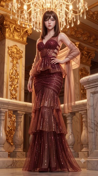 score_9, masterpiece, best quality, ultra-detailed, high-budget anime keyframe, semi-realistic 3D game render, editorial fashion photography, tasteful artistic composition, Korean woman. low angle full-body shot from head to toe showing her feet, fil