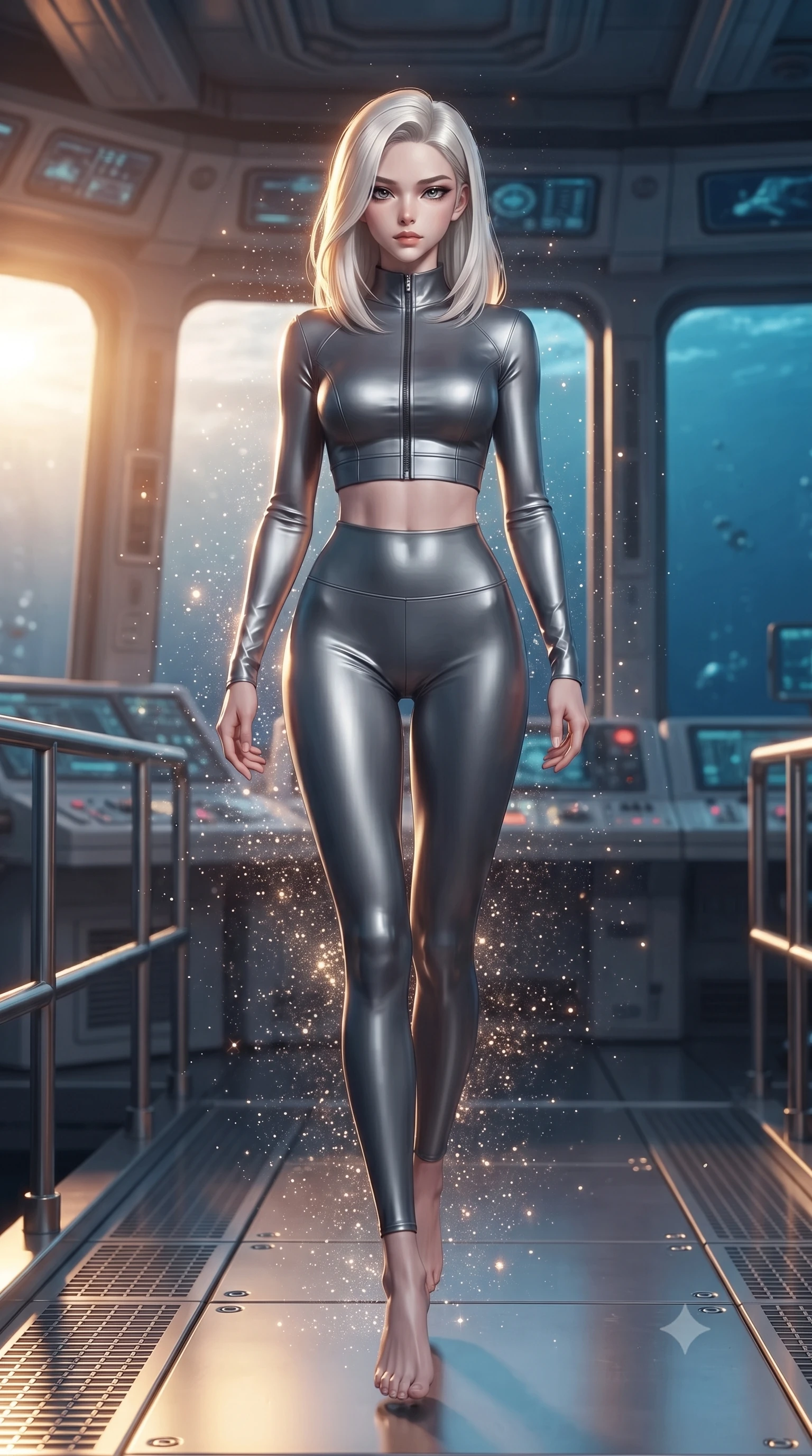 score_9, masterpiece, best quality, ultra-detailed, high-budget anime keyframe, editorial fashion photography, tasteful artistic composition, Caucasian woman. low angle full-body shot from head to toe showing her feet, filling the entire 9:16 vertical frame with her statuesque presence, stretching her vertical silhouette. stepping gracefully through floating stardust particles, her body-contouring suit showing her athletic, slender silhouette, the background shows a soft-focus an undersea research deck with titanium rails and control consoles. She has an absolutely perfect, statuesque 8.5-heads proportion, an exceptionally tall and slender model-like female figure with impossibly long slender legs and an ultra-slim waist. sharp v-shaped jawline, high-bridge nose, intricate jewel-like eyes with depth, thick eyelashes, glossy lips with a natural sheen. wearing a tailored body-hugging high-neck activewear set of a zipped long-sleeve crop top and matching leggings in carbon-grey. brilliant golden hour sunset tracing a gold rim light on her silhouette. ultra-reflective glossy finish, specular highlights, metallic sheen, high-contrast stereoscopic depth, volumetric dynamic lighting, 2k, ultra detail, master piece, 9:16 ratio