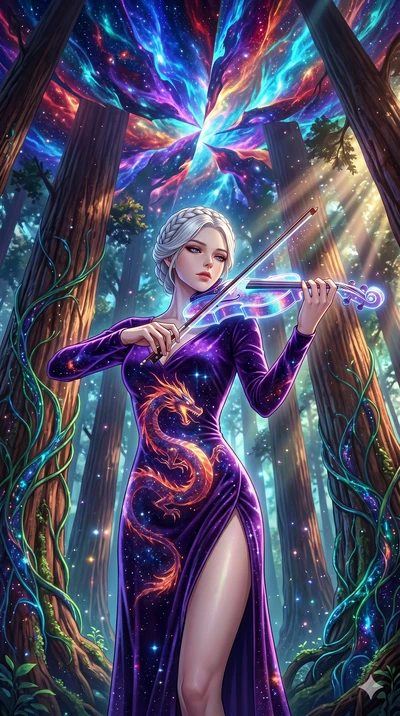 score_9, masterpiece, best quality, ultra-detailed, Set A: High-budget Anime Keyframe, Korean woman. Upper body close-up from the thighs up, character filling the screen for maximum presence. Theme: Abstract Cosmic. playing a holographic violin in a 