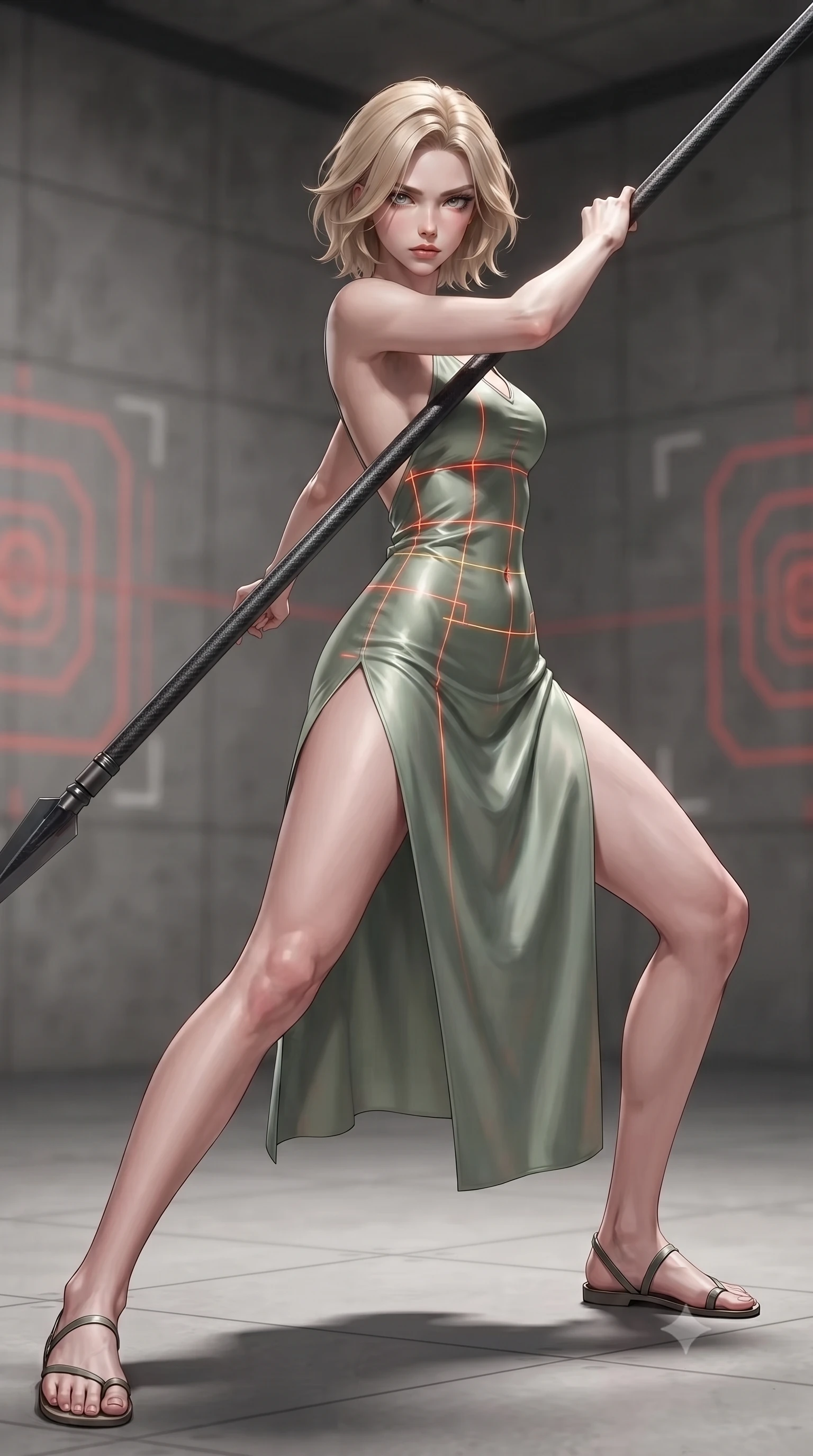 score_9, masterpiece, best quality, ultra-detailed, high-budget anime keyframe, editorial fashion photography, tasteful artistic composition, Caucasian woman. low angle full-body shot from head to toe showing her feet, filling the entire 9:16 vertical frame with her statuesque presence, stretching her vertical silhouette. standing in a dynamic combat stance with a carbon-fiber spear held diagonally, stretching her statuesque body, the background shows a soft-focus a tactical training grid with red target outlines projecting onto the walls. She has an absolutely perfect, statuesque 8.5-heads proportion, an exceptionally tall and slender model-like female figure with impossibly long slender legs and an ultra-slim waist. sharp v-shaped jawline, high-bridge nose, intricate jewel-like eyes with depth, thick eyelashes, glossy lips with a natural sheen. wearing a tailored lightweight silk combat slip dress in sage green, featuring a high side slit and a low-cut back. shifting red and orange warning gridlines tracing her athletic, slender torso. ultra-reflective glossy finish, specular highlights, metallic sheen, high-contrast stereoscopic depth, volumetric dynamic lighting, 2k, ultra detail, master piece, 9:16 ratio