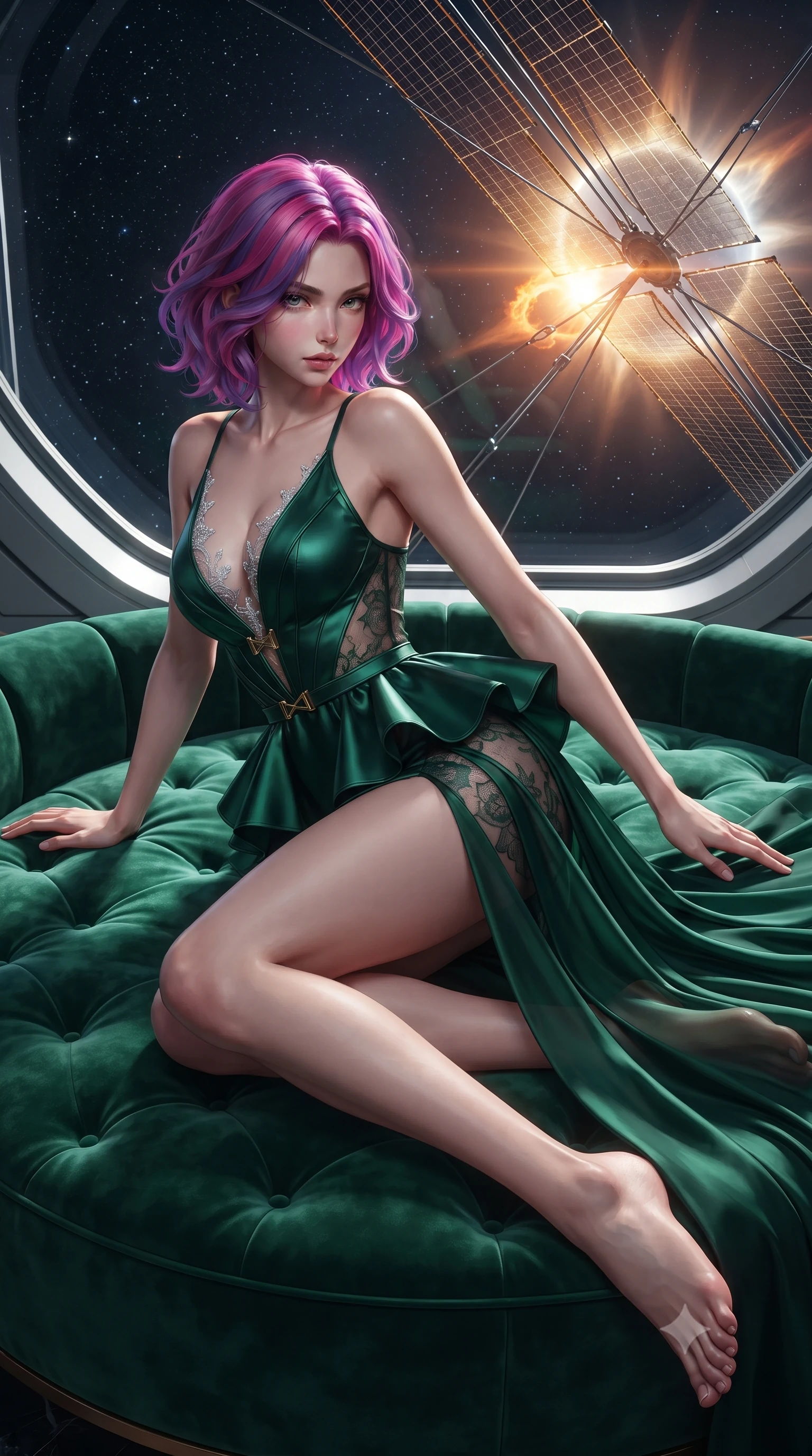 score_9, masterpiece, best quality, ultra-detailed, high-budget anime keyframe, editorial fashion photography, tasteful artistic composition, Caucasian woman. close-up cowboy shot from the waist and thighs up, the character dominates the composition, filling the frame with her large presence. twisting her slender torso in a deep contrapposto stance, hips dramatically shifted to accentuate her feminine curves while looking past her shoulder with smoldering bedroom-eyes while reclining languidly across a circular daybed with one knee drawn up, molten solar flares and deep space starlight tracing her curvy hips and flat midriff. The surrounding environment is rendered in vivid detail and crisp panoramic clarity. sharp solar-sail structural cables, quartz viewport rivets, and solar corona filament textures in deep focus. She has an exceptionally elegant, slender, and willowy female figure with an ultra-slim waist, flat toned midriff, narrow ribcage, and sculpted feminine hips creating an alluring, slim hourglass silhouette without bulk. sharp v-shaped jawline, high-bridge nose, intricate jewel-like eyes with depth, thick eyelashes, glossy parted lips with a natural sheen, intensely captivating and seductive bedroom-eyes expression, flawlessly proportioned anatomical accuracy, strict slender model proportions, natural body alignment, perfectly sculpted long slender limbs, ultra-slim waistline, clean dynamic posture without body distortion. wearing a structural geometric peplum gown with sheer side-ribbon cutouts and form-fitting skirt in deep emerald green satin and gold hardware, woven from layered gossamer chiffon with a weightless sweeping drape, finished with delicate crystal frost embroidery tracing the plunging neckline, the liquid-tight tailored fabric clinging flawlessly to her narrow waist and rounded feminine hips, emphasizing every millimeter of her sculpted slim hourglass curves without any bulky heaviness. illuminated by cool starlight rim lighting defining her sculpted collarbones, ultra-slim waist, and curvy hips. ultra-reflective glossy finish, specular highlights, rich textural contrasts, high-contrast stereoscopic depth, volumetric dynamic lighting, 2k, ultra detail, master piece, 9:16 ratio