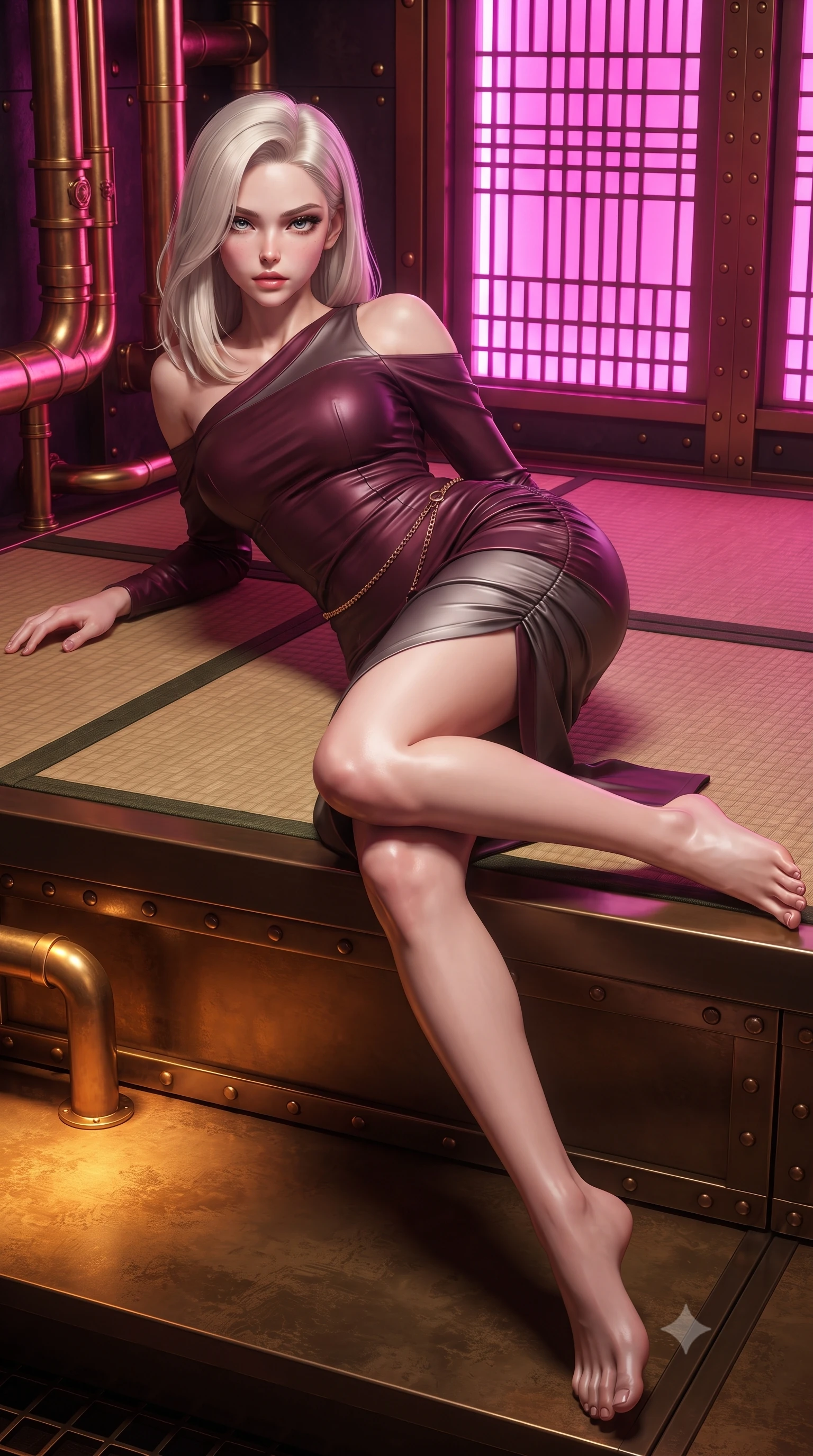 score_9, masterpiece, best quality, ultra-detailed, high-budget anime keyframe, editorial fashion photography, tasteful artistic composition, Caucasian woman. low angle full-body shot from head to toe showing her feet, filling the entire 9:16 vertical frame with her statuesque presence, stretching her vertical silhouette. reclining on her side in an elegant Cleopatra pose with one knee drawn up, the dramatic contour of her rounded hips and long slender legs commanding the 9:16 vertical frame while sitting perched on an elevated tatami platform surrounded by polished brass steam pipes and glowing pink neon lattice screens, arching her lower back with sovereign poise. The surrounding environment is rendered in vivid detail and crisp panoramic clarity. detailed silk kimono brocade weave, soft skin specular highlights, and industrial pipe rivets in high clarity. She has an exceptionally tall and slender model-like 8.5-heads proportion, an ultra-slim waist, a flat toned midriff, narrow delicate ribcage, and beautifully sculpted feminine hips creating a graceful, slim hourglass silhouette without any bulky heaviness, with impossibly long slender legs. sharp v-shaped jawline, high-bridge nose, intricate jewel-like eyes with depth, thick eyelashes, glossy parted lips with a natural sheen, intensely captivating and seductive bedroom-eyes expression, flawlessly proportioned anatomical accuracy, strict slender model proportions, natural body alignment, perfectly sculpted long slender limbs, ultra-slim waistline, clean dynamic posture without body distortion. wearing a form-contouring cocktail dress with an asymmetrical open shoulder and hip-defining ruching in deep wine burgundy and brushed dark platinum, tailored from water-resistant treated wool gabardine and flexible stretch silk, accented with a delicate gold chain belt resting loosely on her curvy hips, the form-contouring material adhering flawlessly to her sculpted flat midriff and slender torso, emphasizing her long leg lines and perfectly proportioned willowy build. bathed in vibrant magenta neon backlighting contrasting with warm amber brass furnace glow. ultra-reflective glossy finish, specular highlights, rich textural contrasts, high-contrast stereoscopic depth, volumetric dynamic lighting, 2k, ultra detail, master piece, 9:16 ratio