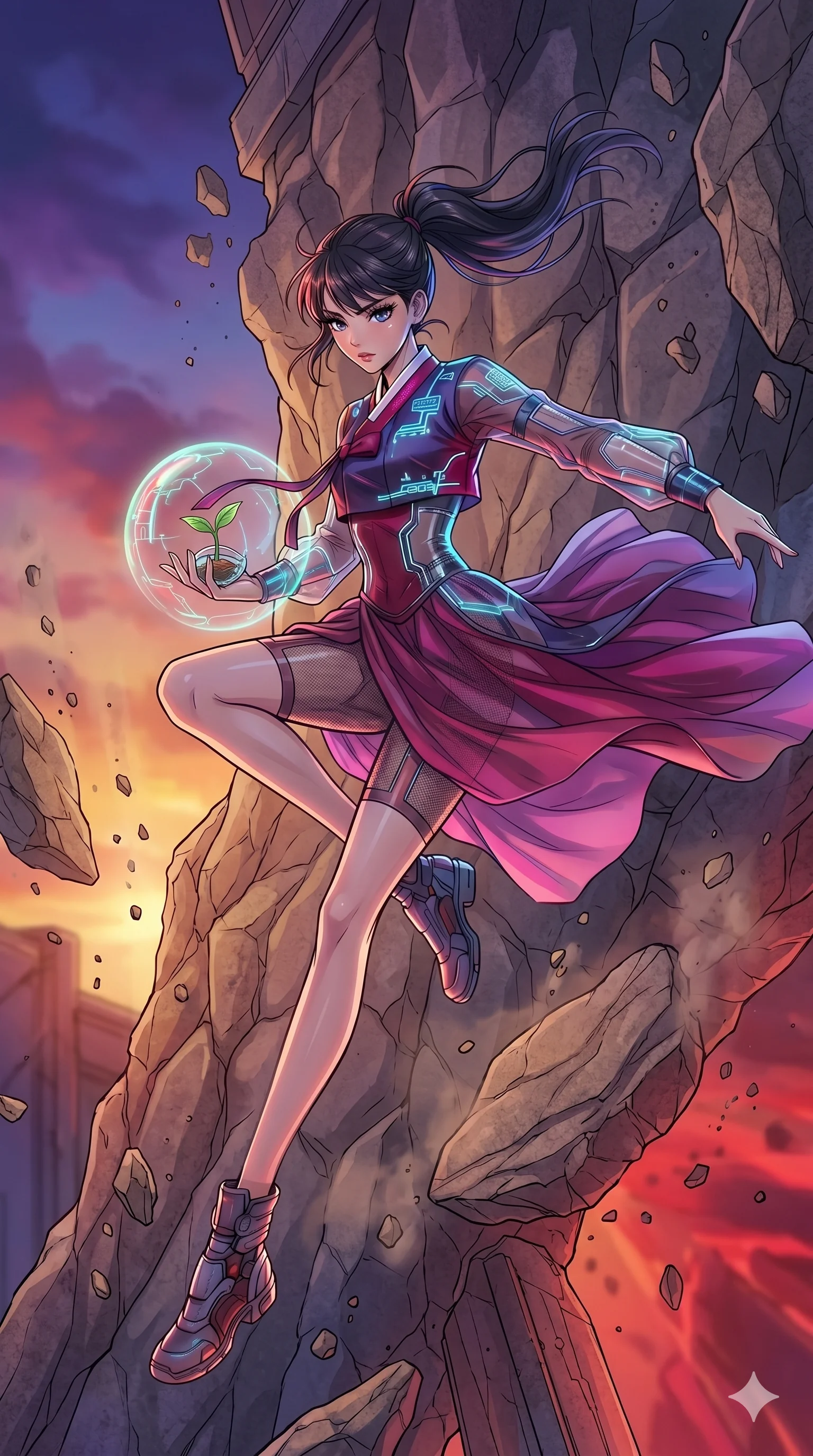 score_9, masterpiece, best quality, ultra-detailed, high-budget anime movie keyframe, cinematic anime lighting, intricate line art, Korean woman. Mid-air action shot capturing a graceful twist and vertical silhouette. shielding a small plant as the world around it turns to stone. She has an absolutely perfect 8-heads proportion, an exceptionally tall and slender female figure with graceful and slender proportions. strictly human anatomy, two legs only, no extra limbs, clearly defined legs and arms, perfect anatomy, perfect hands and fingers. sharp v-shaped jawline, high-bridge nose, intricate jewel-like eyes, thick eyelashes, glossy lips. Wearing Modern Traditional: Shortened cyber-hanbok with fusion silk robes and transparent panels. The scene is illuminated by dramatic atmospheric lighting and vibrant color palettes. , 2k, ultra detail, master piece, 9:16 ratio