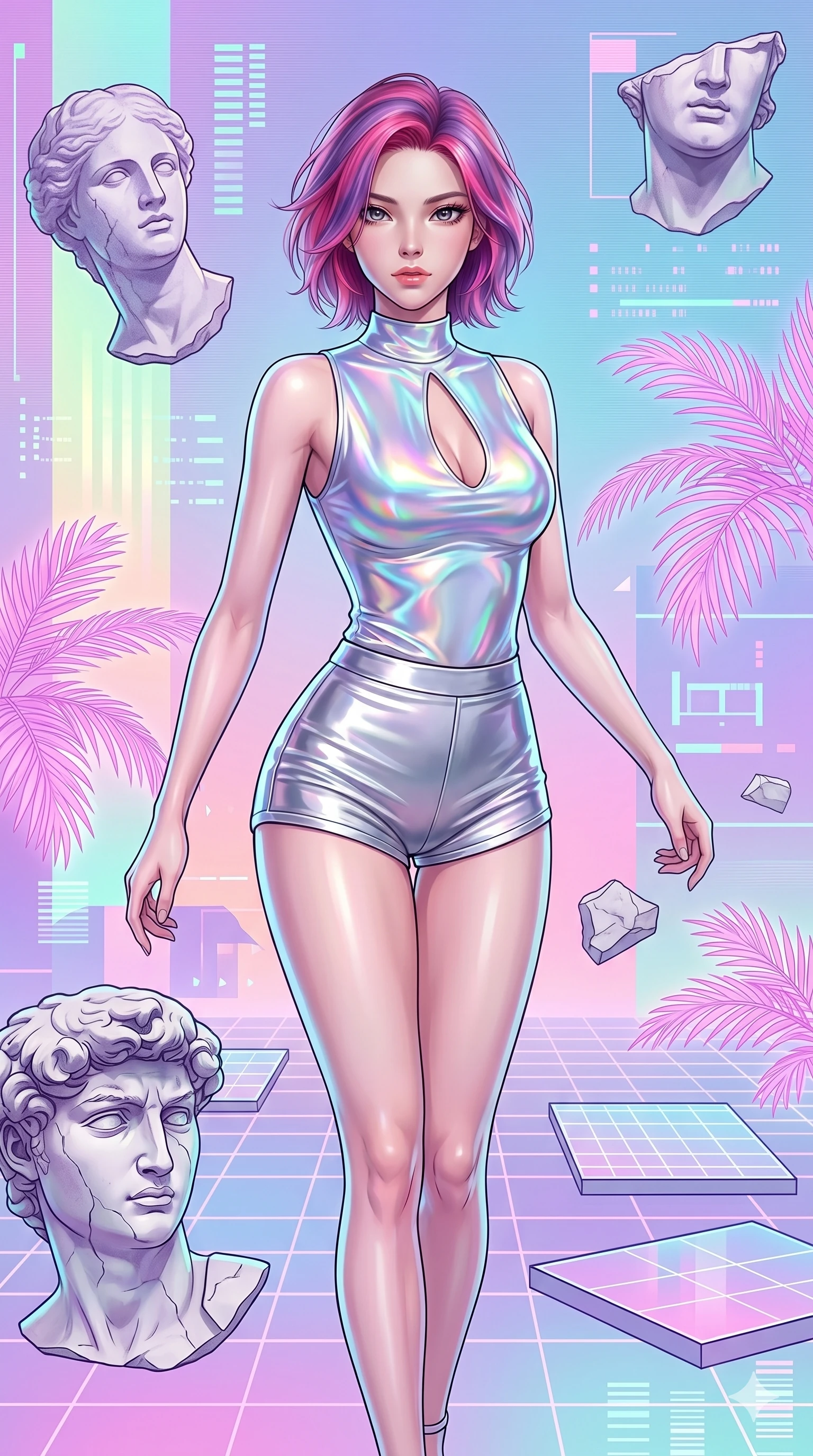 score_9, masterpiece, best quality, ultra-detailed, high-budget anime keyframe, Korean woman. upper body close-up from the thighs up, character filling the screen for maximum presence. drifting through a holographic vaporwave oasis with floating grid floors, lo-fi marble statues, and glowing pink palms. She has an absolutely perfect 8-heads proportion, an exceptionally tall and slender female figure with impossibly long slender legs and an ultra-slim waist. V-shaped jawline, high-bridge nose, intricate jewel-like eyes with depth, thick eyelashes, glossy lips with a natural sheen.. wearing a holographic liquid silk vest and silver metallic micro-shorts, featuring a keyhole cutout and form-fitting silhouette. lit by a soft glowing ambient light and a sharp side key light that traces the sleek contours of her athletic build. 2k, ultra detail, master piece, 9:16 ratio