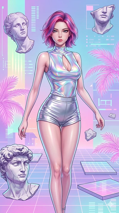 score_9, masterpiece, best quality, ultra-detailed, high-budget anime keyframe, Korean woman. upper body close-up from the thighs up, character filling the screen for maximum presence. drifting through a holographic vaporwave oasis with floating grid