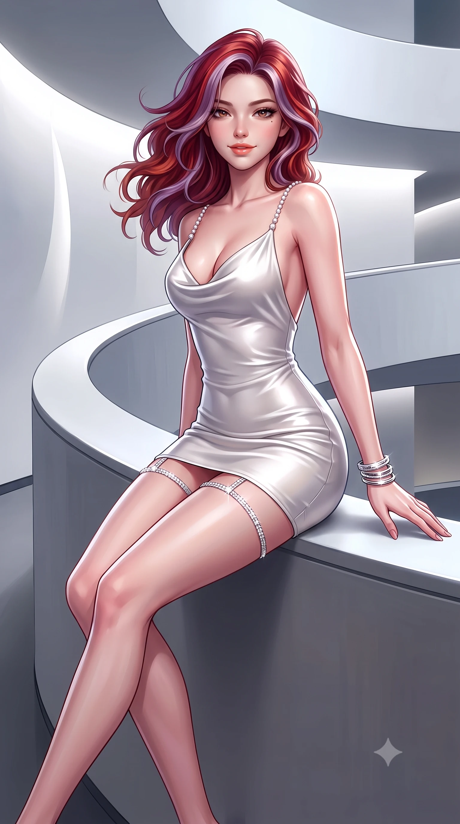 score_9, masterpiece, best quality, ultra-detailed, high-budget anime keyframe, semi-realistic 3D game render, editorial fashion photography, tasteful artistic composition, Caucasian woman. close-up cowboy shot from the waist and thighs up, the character dominates the composition, filling the frame with her large presence. turning slowly with an enchanting smoldering smile, her glossy hair tossing in the breeze as her hips angle gracefully in a captivating contrapposto while sitting perched on the curving ramp ledge with legs extended, displaying her impossibly long slender limbs with supermodel cool. The surrounding environment is rendered in vivid detail and crisp panoramic clarity: detailed liquid jersey column dress drape, silver bangle shine, and modernist museum geometry in high resolution. She has an exceptionally elegant, slender, and willowy female figure with an ultra-slim waist, flat toned midriff, narrow ribcage, and sculpted feminine hips creating an alluring, slim hourglass silhouette without bulk. sharp v-shaped jawline, high-bridge nose, sparkling eyes with hypnotic seductive depth, thick curled eyelashes, glossy parted lips with a natural dewy peach sheen, alluring bedroom-eyes with an enchanting coquettish smile, exuding magnetic siren charisma and sophisticated glamour, flawlessly proportioned anatomical accuracy, strict slender model proportions, natural body alignment, perfectly sculpted long slender limbs, ultra-slim waistline, clean dynamic posture without body distortion. wearing a low-cut draped cowl-back satin slip mini dress with dainty pearl spaghetti straps and hip-hugging silhouette in pure pearl alabaster with liquid platinum sheen, woven from buttery-soft stretch lambskin leather adhering to her body like a second skin, finished with delicate crystal-encrusted thigh garter straps glinting under the lights, the second-skin tailored fabric adhering flawlessly to her sculpted flat midriff and slender torso, emphasizing her long leg lines and perfectly proportioned willowy build. illuminated by curved white wall bounce and sharp platinum-white rim lights defining her delicate clavicles, ultra-slim waist, and curvy hips. highly saturated vibrant anime colors, detailed shading with soft gradients, rich glossy textures, high-contrast stereoscopic depth, volumetric dynamic lighting, master piece, 9:16 ratio