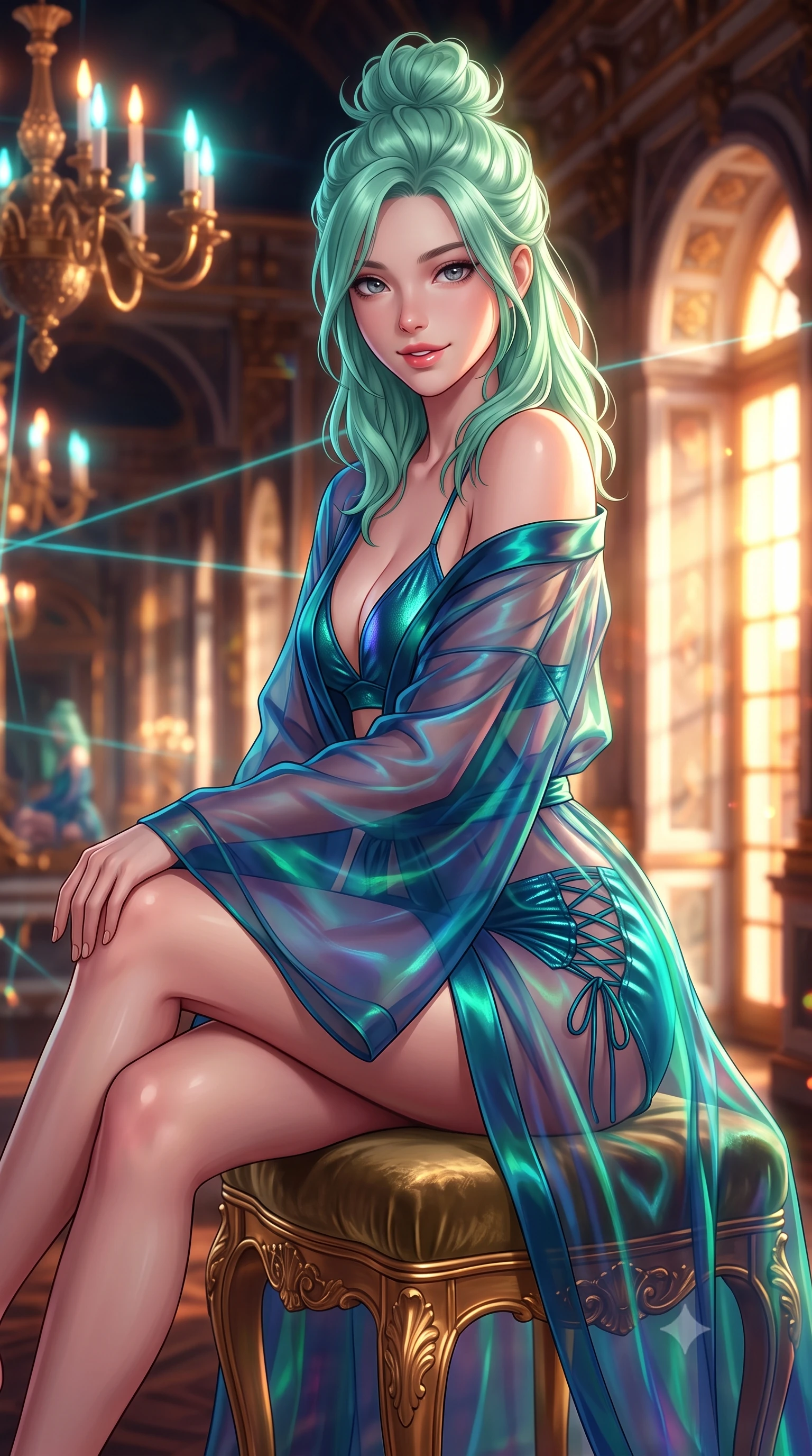 score_9, masterpiece, best quality, ultra-detailed, high-budget anime keyframe, semi-realistic 3D game render, editorial fashion photography, tasteful artistic composition, Japanese woman. close-up cowboy shot from the waist and thighs up, the character dominates the composition, filling the frame with her large presence. perched sideways on the lounge seat, one knee drawn up to showcase her slender leg line while her arched back accentuates her feminine hip curve while sitting gracefully on the velvet-upholstered gilded stool with legs crossed, flashing a playful, coquettish smile with parted glossy lips. The background shows a soft-focus infinite recursive mirror reflections, antique gilded chandeliers fitted with neon plasma candles, and setting sun through arched palace windows blurred into gold, copper, and ruby bokeh. She has an exceptionally elegant, slender, and willowy female figure with an ultra-slim waist, flat toned midriff, narrow ribcage, and sculpted feminine hips creating an alluring, slim hourglass silhouette without bulk. sharp v-shaped jawline, high-bridge nose, intricate jewel-like sparkling eyes with depth, thick eyelashes, glossy parted lips with a natural peach sheen, bright cheerful beaming smile with an enchanting and coquettish sensual glint, exuding both youthful cute charm and seductive allure, flawlessly proportioned anatomical accuracy, strict slender model proportions, natural body alignment, perfectly sculpted long slender limbs, ultra-slim waistline, clean dynamic posture without body distortion. wearing a translucent iridescent organza kimono robe slipping off bare shoulders over a matching satin micro-bralette and shorts in abyssal ocean sapphire and bioluminescent emerald, crafted from stretch micro-mesh with liquid foil coating that shimmers with every movement, featuring fine criss-cross lace-up side ties revealing tantalizing glimpses of her hip curve, the liquid-tight tailored fabric clinging flawlessly to her narrow waist and rounded feminine hips, emphasizing every millimeter of her sculpted slim hourglass curves without any bulky heaviness. bathed in the blinding golden hour 2800K palace sunset mixed with delicate cyan laser grid lines. highly saturated vibrant anime colors, detailed shading with soft gradients, rich glossy textures, high-contrast stereoscopic depth, volumetric dynamic lighting, master piece, 9:16 ratio