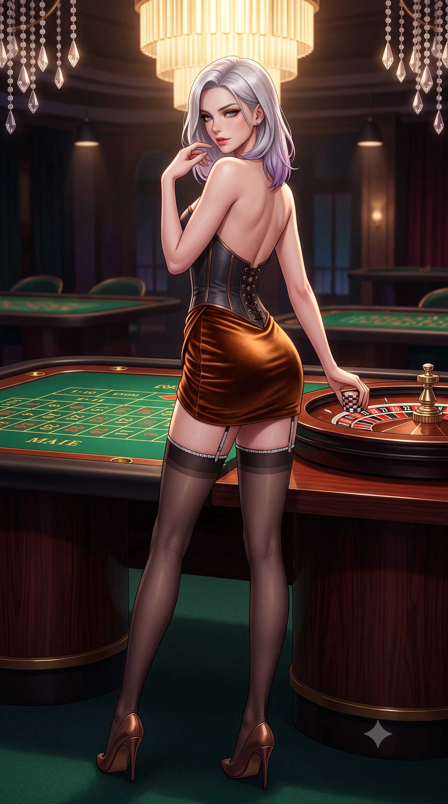 score_9, masterpiece, best quality, ultra-detailed, high-budget anime keyframe, semi-realistic 3D game render, editorial fashion photography, tasteful artistic composition, Caucasian woman. low angle full-body shot from head to toe showing her feet, filling the entire 9:16 vertical frame with her statuesque presence, stretching her vertical silhouette. walking along the terrace with poise, looking back over her bare shoulder with an irresistible smoldering bedroom-gaze while standing poised beside the high-stakes roulette wheel with hips cocked back, holding casino chips while casting an intoxicating seductive smile. The surrounding environment is rendered in vivid detail and crisp panoramic clarity: sharp emerald baize felt texture, crystal chandelier pendant facets, and lacquered mahogany roulette wheel rim in deep focus. She has an absolutely perfect, statuesque 8.5-heads proportion, an exceptionally tall and slender model-like female figure with impossibly long slender legs, an ultra-slim waist, a flat toned midriff, narrow delicate ribcage, and beautifully sculpted feminine hips creating a graceful, slim hourglass silhouette without any bulky heaviness. sharp v-shaped jawline, high-bridge nose, sparkling eyes with hypnotic seductive depth, thick curled eyelashes, glossy parted lips with a natural dewy peach sheen, alluring bedroom-eyes with an enchanting coquettish smile, exuding magnetic siren charisma and sophisticated glamour, flawlessly proportioned anatomical accuracy, strict slender model proportions, natural body alignment, perfectly sculpted long slender limbs, ultra-slim waistline, clean dynamic posture without body distortion. wearing a structured boned leatherette corset bodice paired with an ultra-short micro-wrap mini skirt and sheer thigh-high stockings in Ayung volcanic charcoal and molten bronze, tailored from ultra-plush velvet with rich tactile depth and deep shadow gradients, finished with delicate crystal-encrusted thigh garter straps glinting in the dim light, the precision-cut side openings and low-back scoop framing her graceful spine and the sensual sweep of her slim, toned hips. bathed in brilliant warm 2900K crystal chandelier light spilling from towering ceilings mixed with focused table downlights. highly saturated vibrant anime colors, detailed shading with soft gradients, rich glossy textures, high-contrast stereoscopic depth, volumetric dynamic lighting, master piece, 9:16 ratio