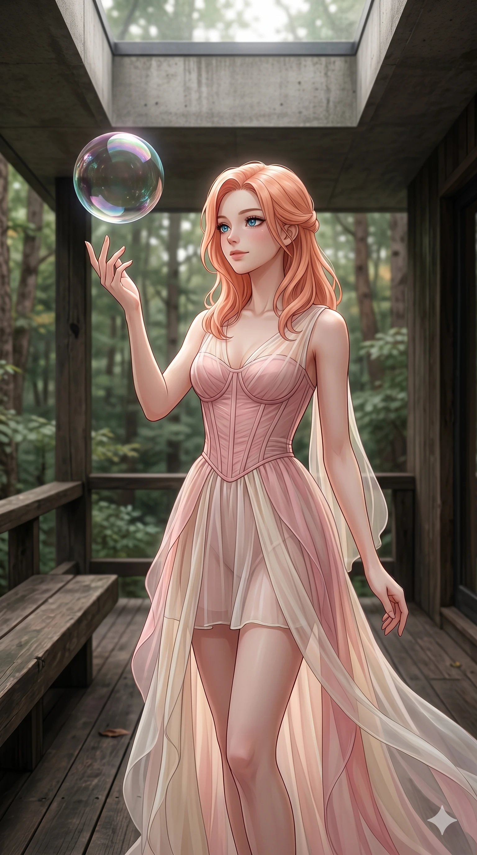 score_9, masterpiece, best quality, ultra-detailed, high-budget anime keyframe, editorial fashion photography, tasteful artistic composition, Japanese woman. cowboy shot from the thighs up, character and outfit filling the frame for maximum editorial presence. reaching a hand towards a floating bubble, looking at it with a quiet smile on a secluded deck of a forest retreat (Code-P17-196). She has an absolutely perfect 8-heads proportion, an exceptionally tall and slender female figure with impossibly long slender legs and an ultra-slim waist. V-shaped jawline, high-bridge nose, intricate jewel-like eyes with depth, thick eyelashes, glossy lips with a natural sheen. wearing a sheer chiffon dress with a pink corset bodice. soft diffused light from a concrete skylight, highlighting her V-shaped jawline and nose. 2k, ultra detail, master piece, 9:16 ratio