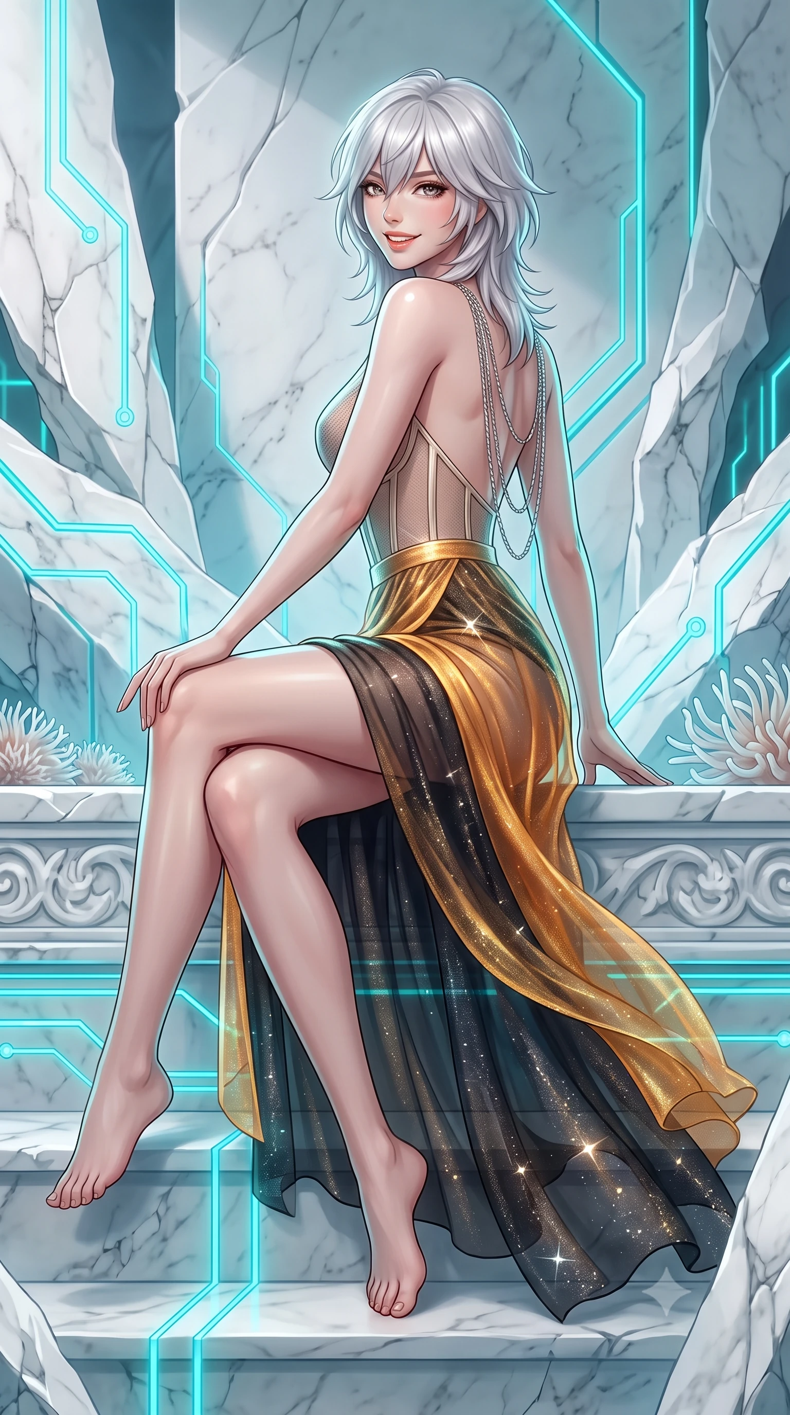 score_9, masterpiece, best quality, ultra-detailed, high-budget anime keyframe, editorial fashion photography, tasteful artistic composition, Japanese woman. low angle full-body shot from head to toe showing her feet, filling the entire 9:16 vertical frame with her statuesque presence, stretching her vertical silhouette. executing a slow, graceful pivot turn as her skirt sways around her slender legs, glancing back with an enchanting, teasing sensual expression while sitting gracefully on the carved marble tier with legs crossed, flashing an enchanting smile with parted glossy lips. The surrounding environment is rendered in vivid detail and crisp panoramic clarity: sharp white Carrara marble fractures, pulsing cyan holographic circuitry lines, and delicate sea anemone textures in deep focus. She has an exceptionally tall and slender model-like 8.5-heads proportion, an ultra-slim waist, a flat toned midriff, narrow delicate ribcage, and beautifully sculpted feminine hips creating a graceful, slim hourglass silhouette without any bulky heaviness, with impossibly long slender legs. sharp v-shaped jawline, high-bridge nose, intricate jewel-like sparkling eyes with depth, thick eyelashes, glossy parted lips with a natural peach sheen, bright cheerful beaming smile with an enchanting and coquettish sensual glint, exuding both youthful cute charm and seductive allure, flawlessly proportioned anatomical accuracy, strict slender model proportions, natural body alignment, perfectly sculpted long slender limbs, ultra-slim waistline, clean dynamic posture without body distortion. wearing a provocative translucent mesh corset bodice with boned satin channels paired with a sheer chiffon wrap skirt in solar-flare gold and interstellar onyx, woven from stretch metallic lurex jersey casting radiant starlight glints across her curves, accented with an open-back drape framed by falling strands of delicate chrome chains, the bespoke structured tailoring following the natural line of her 8.5-heads silhouette with refined elegance. illuminated by submerged marble reflection bounce and sharp aquamarine rim lights defining her jawline, narrow waist, and curvy hips. ultra-reflective glossy finish, specular highlights, rich textural contrasts, high-contrast stereoscopic depth, volumetric dynamic lighting, 2k, ultra detail, master piece, 9:16 ratio