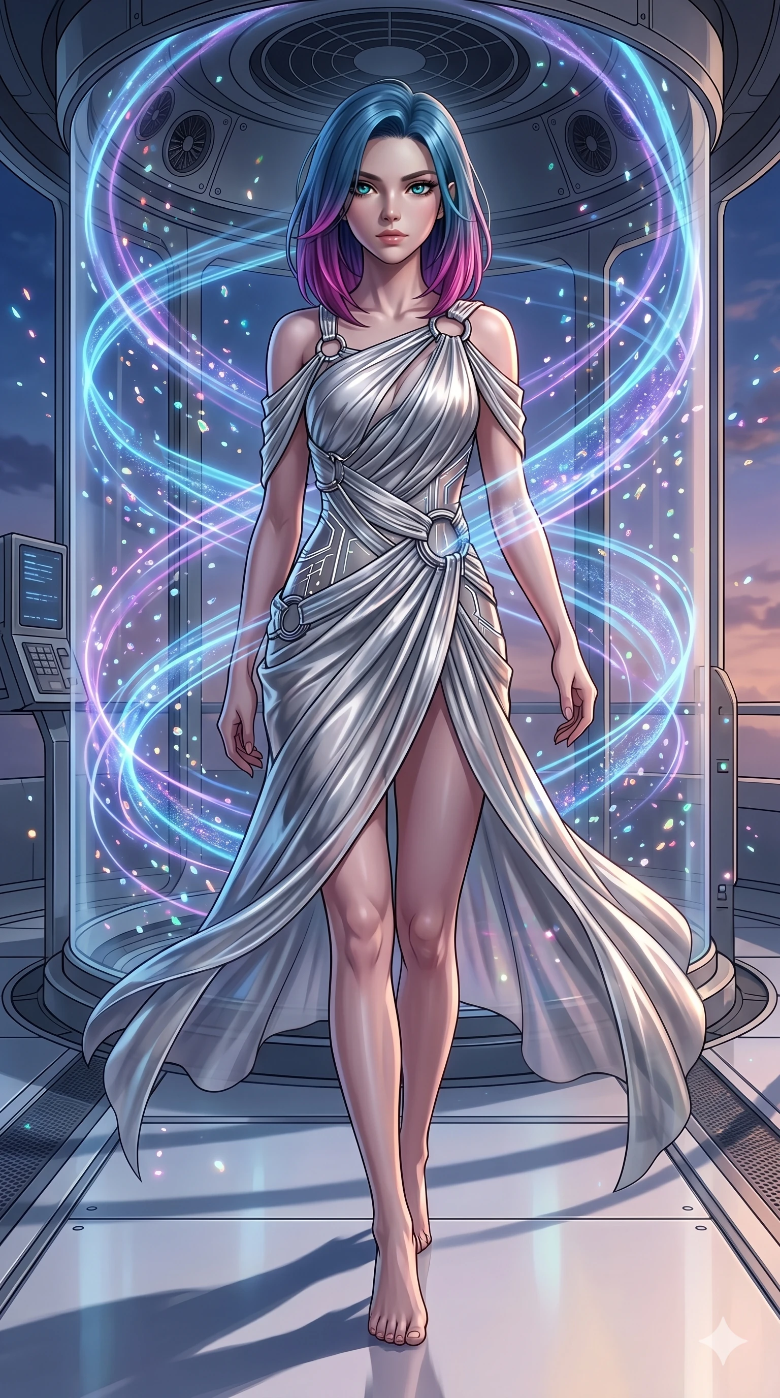 score_9, masterpiece, best quality, ultra-detailed, high-budget anime keyframe, editorial fashion photography, tasteful artistic composition, Caucasian woman, strictly human ears. upper body close-up from the thighs up, character filling the screen for maximum presence. stepping gracefully onto inside a kinetic wind tunnel with swirling ribbons of holographic wind currents while thousands of shimmering crystal dust particles dance in the air. She has an absolutely perfect 8-heads proportion, an exceptionally tall and slender female figure with impossibly long slender legs and an ultra-slim waist. V-shaped jawline, high-bridge nose, intricate jewel-like eyes with depth, thick eyelashes, glossy lips with a natural sheen.. wearing a draped Grecian cyber-gown, featuring draped silver metallic chiffon held by metal ring hardware, displaying a elongated high-waist silhouette. under a magical twilight glow casting long dramatic shadows across the clean floor. 2k, ultra detail, master piece, 9:16 ratio