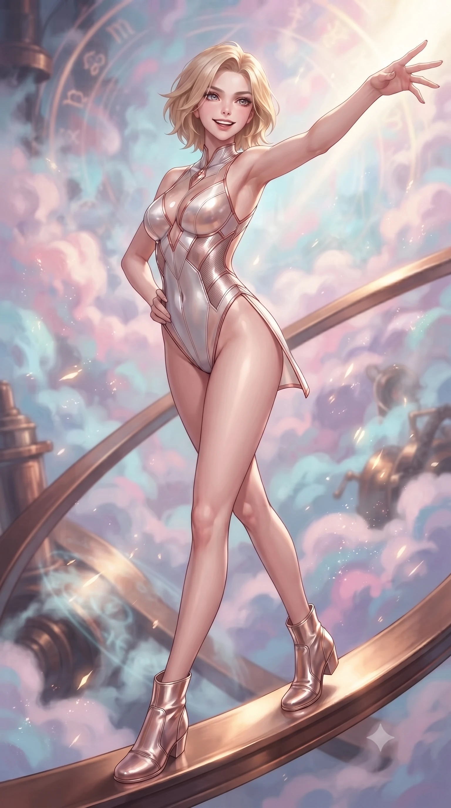 score_9, masterpiece, best quality, ultra-detailed, high-budget anime keyframe, editorial fashion photography, tasteful artistic composition, Caucasian woman. close-up cowboy shot from the waist and thighs up, the character dominates the composition, filling the frame with her large presence, background elements kept in soft focus. Extending one arm in an elegant stretch toward the light while smiling with magnetic self-assurance while stepping along a curved bronze beam while pastel steam clouds swirl around her, pastel-colored steam clouds scattering bright metallic highlights. She has an exceptionally elegant, slender, and willowy female figure with an ultra-slim waist, a gracefully sculpted slender torso, and a refined silhouette. sharp v-shaped jawline, high-bridge nose, intricate jewel-like eyes with depth, thick eyelashes, glossy lips with a natural sheen, flawlessly proportioned anatomical accuracy, natural body alignment, perfectly sculpted elegant limbs, clean dynamic posture without body distortion. wearing a high-cut translucent vinyl leotard with front paneling and open back in pearl white and rose gold, made of fine carbon-fiber weave and soft matte leather, finished with a sleek side slit ascending to mid-thigh, the glove-like fit emphasizing her statuesque silhouette during motion. illuminated by golden alchemy rune radiance and dramatic top key light. ultra-reflective glossy finish, specular highlights, metallic sheen, high-contrast stereoscopic depth, volumetric dynamic lighting, 2k, ultra detail, master piece, 9:16 ratio