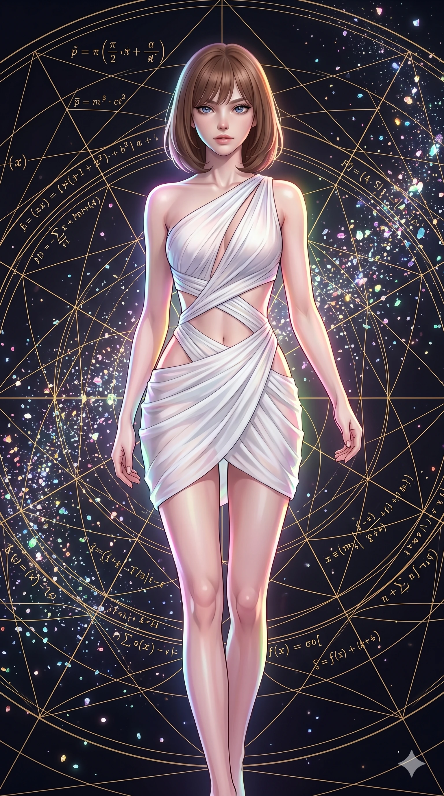 score_9, masterpiece, best quality, ultra-detailed, high-budget anime keyframe, editorial fashion photography, tasteful artistic composition, Caucasian woman, strictly human ears. upper body close-up from the thighs up, character filling the screen for maximum presence. stepping gracefully onto in a mathematical mandala void filled with golden geometric lines of complex formulas while thousands of shimmering crystal dust particles dance in the air. She has an absolutely perfect 8-heads proportion, an exceptionally tall and slender female figure with impossibly long slender legs and an ultra-slim waist. V-shaped jawline, high-bridge nose, intricate jewel-like eyes with depth, thick eyelashes, glossy lips with a natural sheen.. wearing an asymmetric chiffon draped couture mini dress, featuring draped white chiffon fabric twisting around her body with elegant diamond cutouts on the waist. enhanced by a luminous pastel spectrum glow, casting elegant rim lights on her shoulders and jawline. 2k, ultra detail, master piece, 9:16 ratio
