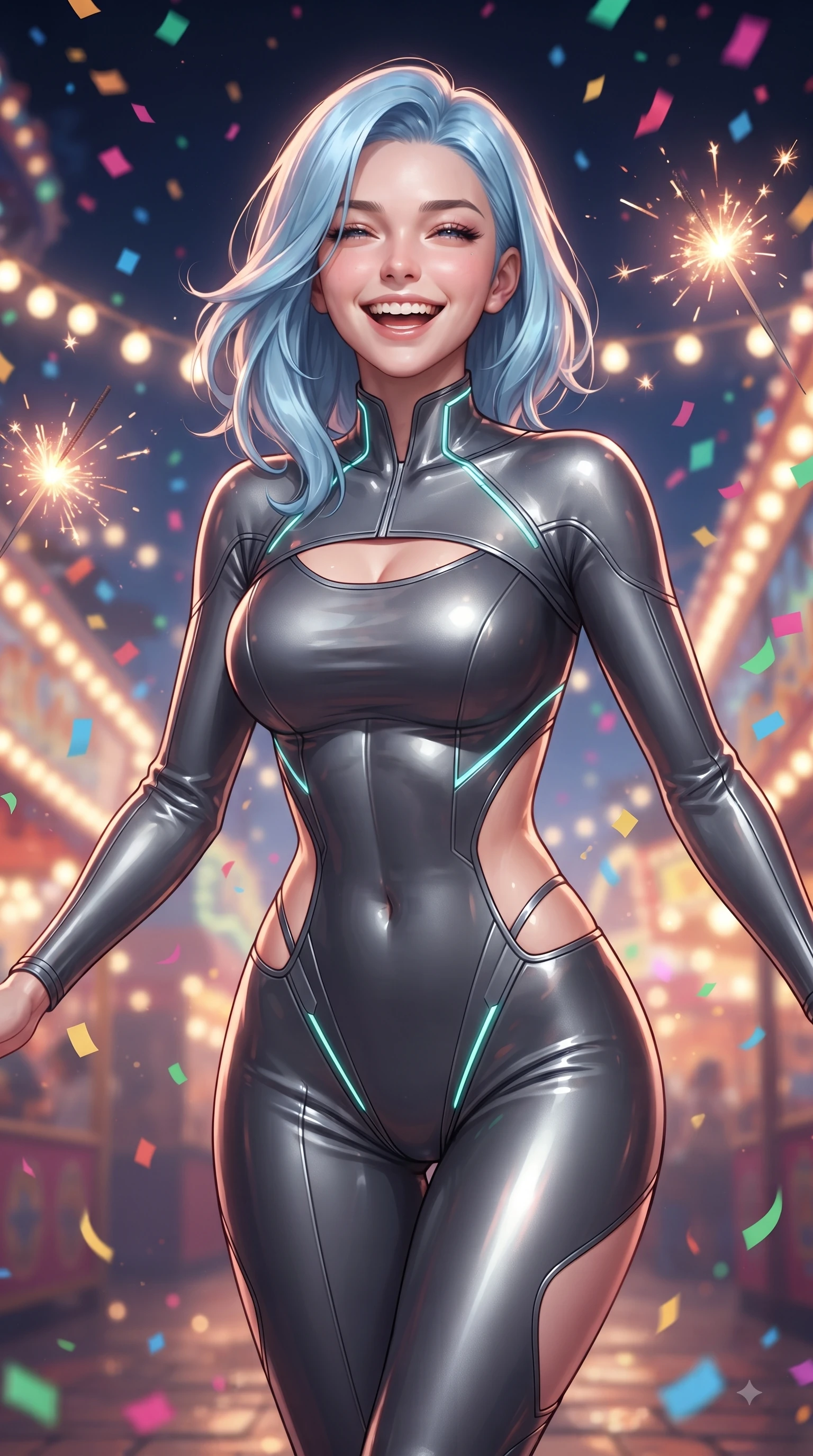 score_9, masterpiece, best quality, ultra-detailed, high-budget anime keyframe, editorial fashion photography, tasteful artistic composition, Korean woman. close-up cowboy shot from the waist and thighs up, the character dominates the composition, filling the frame with her large presence, background elements kept in soft focus. Joyful laughing expression filled with genuine happiness and warmth, leaning forward with cheerful energy while stepping happily down a lit amusement park avenue surrounded by glowing light bulbs, floating sparklers and carnival confetti adding festive, happy energy to the air. She has an exceptionally elegant, slender, and willowy female figure with an ultra-slim waist, a gracefully sculpted slender torso, and a refined silhouette. sharp v-shaped jawline, high-bridge nose, intricate jewel-like eyes with depth, thick eyelashes, glossy lips with a natural sheen, flawlessly proportioned anatomical accuracy, natural body alignment, perfectly sculpted elegant limbs, clean dynamic posture without body distortion. wearing a skin-tight cybernetic bodysuit with glowing neon seams and side cutouts in charcoal grey and platinum, formed from sleek second-skin neoprene, accented with a Tasteful chest slit framing her clavicle gracefully, the sleek second-skin texture accentuating her magnetic presence. illuminated by cheerful festive backlighting with soft golden bokeh bubbles. ultra-reflective glossy finish, specular highlights, metallic sheen, high-contrast stereoscopic depth, volumetric dynamic lighting, 2k, ultra detail, master piece, 9:16 ratio