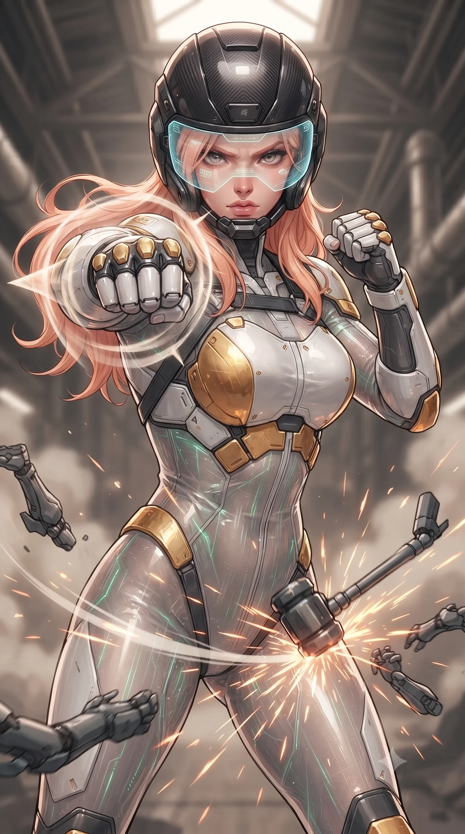 score_9, masterpiece, best quality, ultra-detailed, high-budget anime keyframe, editorial fashion photography, tasteful artistic composition, Japanese woman. close-up cowboy shot from the waist and thighs up, the character dominates the composition, filling the frame with her large presence. thrusting a high-speed kinetic punch toward the camera, a visible conical shockwave distortion wrapping around her armored forearm while delivering a downward kinetic hammer fist that sends discarded mechanical limbs flying in a radial arc of sparks. The composition keeps background elements in soft focus with creamy bokeh. cavernous subterranean ceiling trusses and rising steam pipes softened in moody shallow depth of field. She has an exceptionally elegant, slender, and willowy female figure with an ultra-slim waist, a gracefully sculpted slender torso, toned flat midriff, and a refined slim silhouette. sharp v-shaped jawline, high-bridge nose, intricate jewel-like eyes with depth, thick eyelashes, glossy lips with a natural sheen, fierce and resolute heroine expression, flawlessly proportioned anatomical accuracy, strict slender model proportions, natural body alignment, perfectly sculpted long slender limbs, ultra-slim waistline, clean dynamic posture without body distortion. wearing an open-face aerodynamic carbon-fiber combat helmet with a retracted transparent holographic HUD visor framing her sharp jawline and jewel-like eyes, paired with a tailored tactical combat jumpsuit with an open-back harness design, reinforced composite breastplate, and high-mobility elbow dampers in arctic white carbon composite with scratched solar gold armor plating, crafted from semi-translucent cybernetic carbon-vinyl interwoven with glowing micro-filaments, complemented by criss-cross back harness straps highlighting her completely bare spine, the sleek second-skin cut tightly hugging her graceful clavicle, narrow waist, and feminine curves with athletic precision. surrounded by a gritty, dangerous, and irresistibly powerful cybernetic queen of the underworld aura. ultra-reflective glossy finish, specular highlights, dark metallic sheen, high-contrast stereoscopic depth, volumetric dynamic lighting, 2k, ultra detail, master piece, 9:16 ratio
