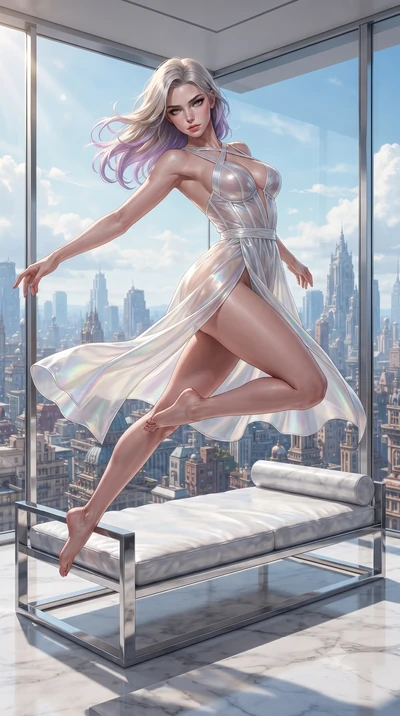 score_9, masterpiece, best quality, ultra-detailed, high-budget anime keyframe, editorial fashion photography, tasteful artistic composition, Caucasian woman. low angle full-body shot from head to toe showing her feet, filling the entire 9:16 vertica