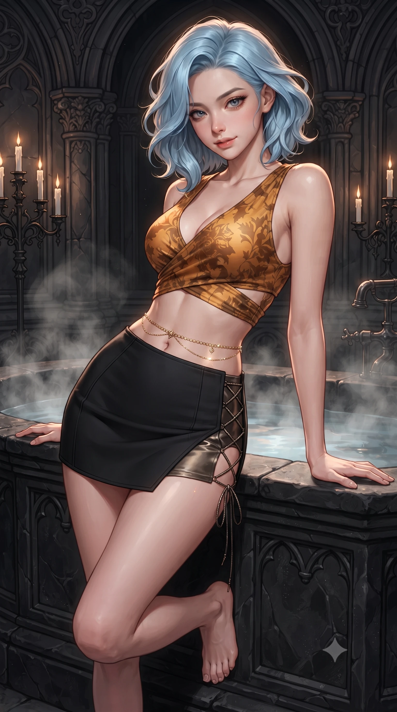 score_9, masterpiece, best quality, ultra-detailed, high-budget anime keyframe, editorial fashion photography, tasteful artistic composition, Korean woman. close-up cowboy shot from the waist and thighs up, the character dominates the composition, filling the frame with her large presence. leaning forward while arching her lower back to accentuate her curvy hips, looking into the camera with an intoxicating smoldering gaze and bedroom-eyes while leaning back against the steaming black stone tub with hips cocked back, looking into the lens with an intoxicating, smoldering gaze. The surrounding environment is rendered in vivid detail and crisp panoramic clarity: detailed wet-look satin slip cling, delicate gold waist chain shine, and bespoke gothic bathroom craftsmanship in high resolution. She has an exceptionally elegant, slender, and willowy female figure with an ultra-slim waist, flat toned midriff, narrow ribcage, and sculpted feminine hips creating an alluring, slim hourglass silhouette without bulk. sharp v-shaped jawline, high-bridge nose, sparkling eyes with hypnotic seductive depth, thick curled eyelashes, glossy parted lips with a natural dewy peach sheen, alluring bedroom-eyes with an enchanting coquettish smile, exuding magnetic siren charisma and sophisticated glamour, flawlessly proportioned anatomical accuracy, strict slender model proportions, natural body alignment, perfectly sculpted long slender limbs, ultra-slim waistline, clean dynamic posture without body distortion. wearing a high-waisted architectural wrap mini skirt with clean structural lines paired with a plunging criss-cross crop top in warm amber honey and antique gold leaf with dark shadow gradients, tailored from fine structural neoprene with crisp architectural edges and smooth contouring, finished with fine criss-cross lace-up side ties revealing tantalizing glimpses of her hip curve, the high-slit wrap tailoring accentuating her ultra-slim waistline and the enchanting curve of her feminine hips with alluring seductive charm. illuminated by bathwater reflection bounce and sharp warm-gold rim lights defining her delicate clavicles, ultra-slim waist, and curvy hips. ultra-reflective glossy finish, specular highlights, rich textural contrasts, high-contrast stereoscopic depth, volumetric dynamic lighting, 2k, ultra detail, master piece, 9:16 ratio