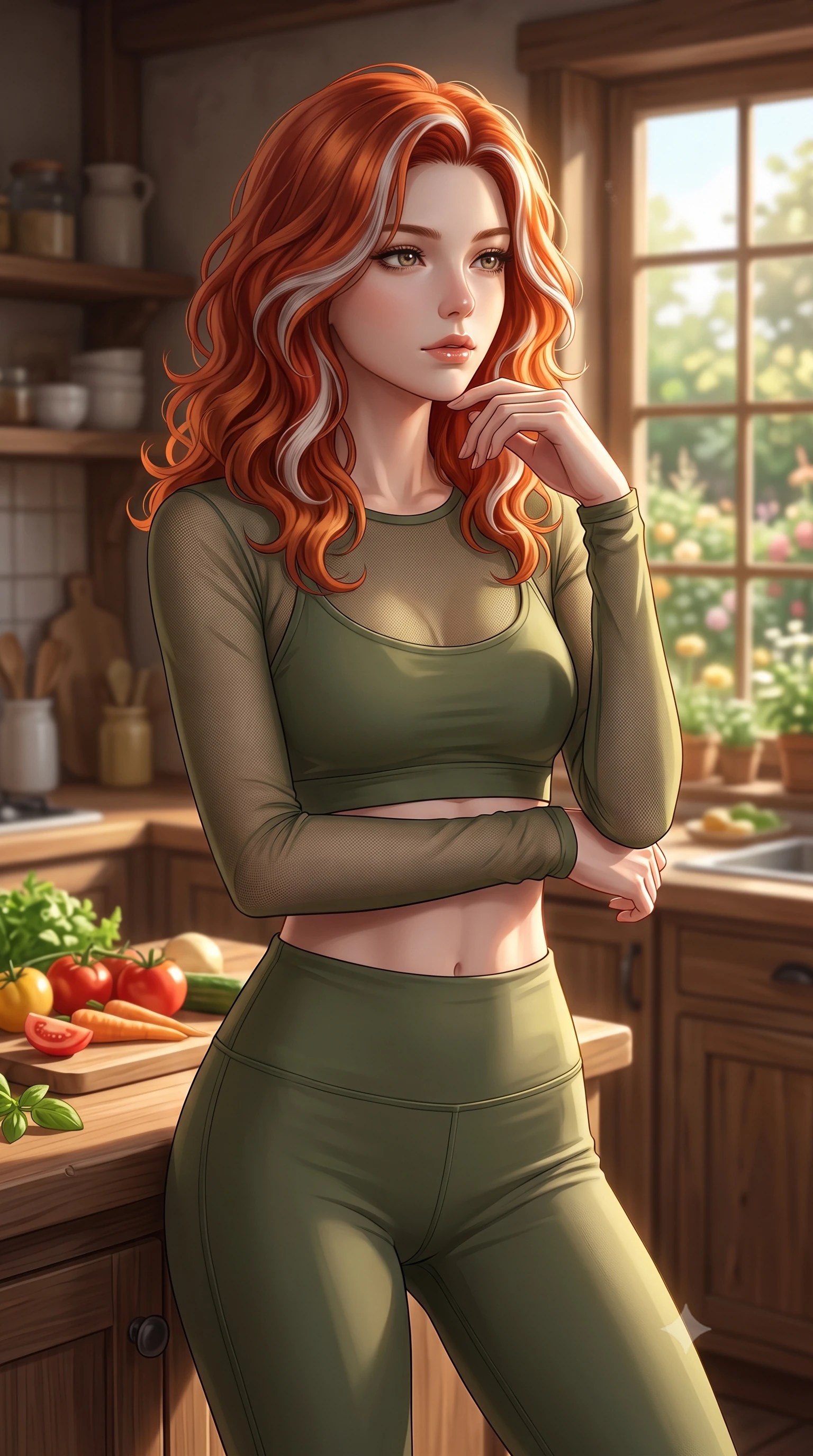 score_9, masterpiece, best quality, ultra-detailed, high-budget anime keyframe, editorial fashion photography, tasteful artistic composition, Caucasian woman woman. close-up cowboy shot from the waist and thighs up, the character dominates the composition, filling the frame with her large presence, background elements kept in soft focus. looking past the camera with a peaceful, thoughtful gaze, enjoying the warm sunlight the background shows a soft-focus a rustic kitchen with wooden countertops, fresh ingredients, and a window overlooking a garden. She has an exceptionally elegant, slender, and willowy female figure with an ultra-slim waist, a gracefully sculpted slender torso, and a refined silhouette. sharp v-shaped jawline, high-bridge nose, intricate jewel-like eyes with depth, thick eyelashes, glossy lips with a natural sheen. wearing a tailored sheer mesh long-sleeve crop top in olive green, worn over a matching sports bra and leggings. warm morning sunlight highlighting the kitchen counter and casting soft shadows. 2k, ultra detail, master piece, 9:16 ratio