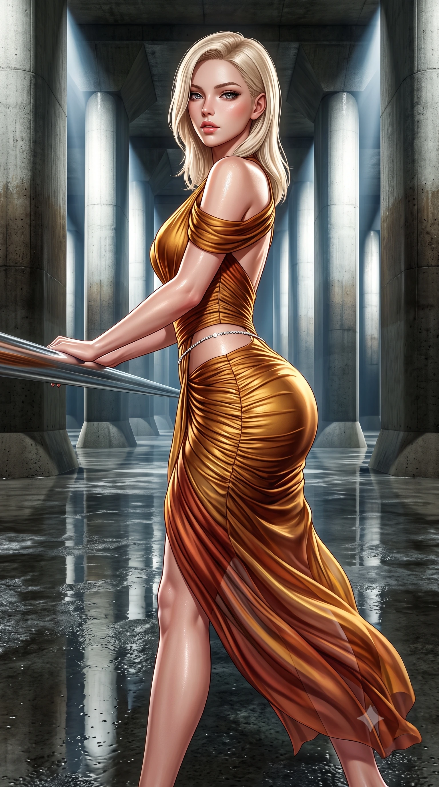 score_9, masterpiece, best quality, ultra-detailed, high-budget anime keyframe, semi-realistic 3D game render, editorial fashion photography, tasteful artistic composition, Caucasian woman. close-up cowboy shot from the waist and thighs up, the character dominates the composition, filling the frame with her large presence. leaning forward against the polished railing with her hips cocked back, creating an intoxicating curve from her narrow waist to sculpted hips as she gazes back into the lens while striding across the reflective wet subterranean floor, her aerodynamic liquid-finish gown clinging to her narrow waist and long slender legs. The surrounding environment is rendered in vivid detail and crisp panoramic clarity. detailed liquid-tight garment sheen, specular skin highlights, and massive concrete column grid clarity in high resolution. She has an exceptionally elegant, slender, and willowy female figure with an ultra-slim waist, flat toned midriff, narrow ribcage, and sculpted feminine hips creating an alluring, slim hourglass silhouette without bulk. sharp v-shaped jawline, high-bridge nose, intricate jewel-like eyes with depth, thick eyelashes, glossy parted lips with a natural sheen, intensely captivating and seductive bedroom-eyes expression, flawlessly proportioned anatomical accuracy, strict slender model proportions, natural body alignment, perfectly sculpted long slender limbs, ultra-slim waistline, clean dynamic posture without body distortion. wearing a form-contouring cocktail dress with an asymmetrical open shoulder and hip-defining ruching in molten desert gold and burnt terracotta, woven from layered gossamer chiffon with a weightless sweeping drape, accented with a dainty diamond waist chain catching the ambient light reflections, the glove-like aerodynamic silhouette tightly following the natural contour of her hips and long slender legs with statuesque 8.5-heads elegance. bathed in dramatic architectural floodlights beaming down between giant pillars creating high-contrast chiaroscuro. highly saturated vibrant anime colors, detailed shading with soft gradients, rich glossy textures, high-contrast stereoscopic depth, volumetric dynamic lighting, master piece, 9:16 ratio