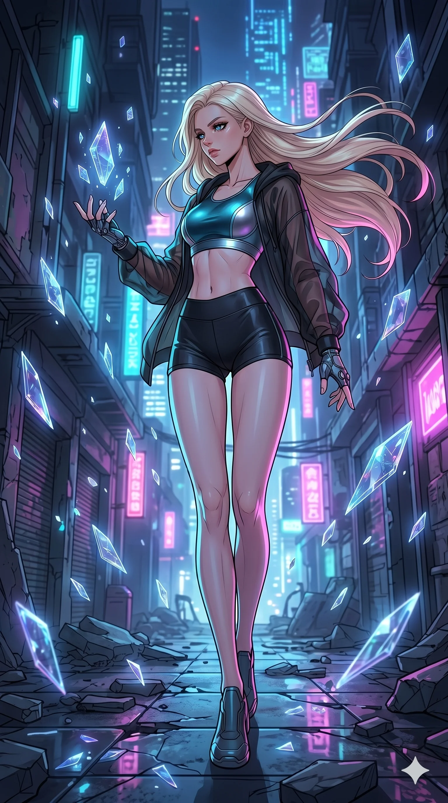 score_9, masterpiece, best quality, ultra-detailed, high-budget anime movie keyframe, cinematic anime lighting, intricate line art, Korean anime girl. Low angle cowboy shot filling the entire 9:16 frame with her statuesque presence. exploring lost ruins in a neon-lit cyberpunk alleyway surrounded by floating data-shards. She has an absolutely perfect 8-heads proportion, an exceptionally tall and slender female figure with an ultra-slim waist and impossibly long slender legs. sharp v-shaped jawline, high-bridge nose, intricate jewel-like eyes, thick eyelashes, glossy lips. Wearing premium athleisure set with a metallic-finish compression top, high-cut yoga shorts that accentuate her long legs, and a sheer oversized hoodie. The scene is illuminated by dramatic atmospheric lighting and vibrant color palettes. 2k, ultra detail, master piece, 9:16 ratio