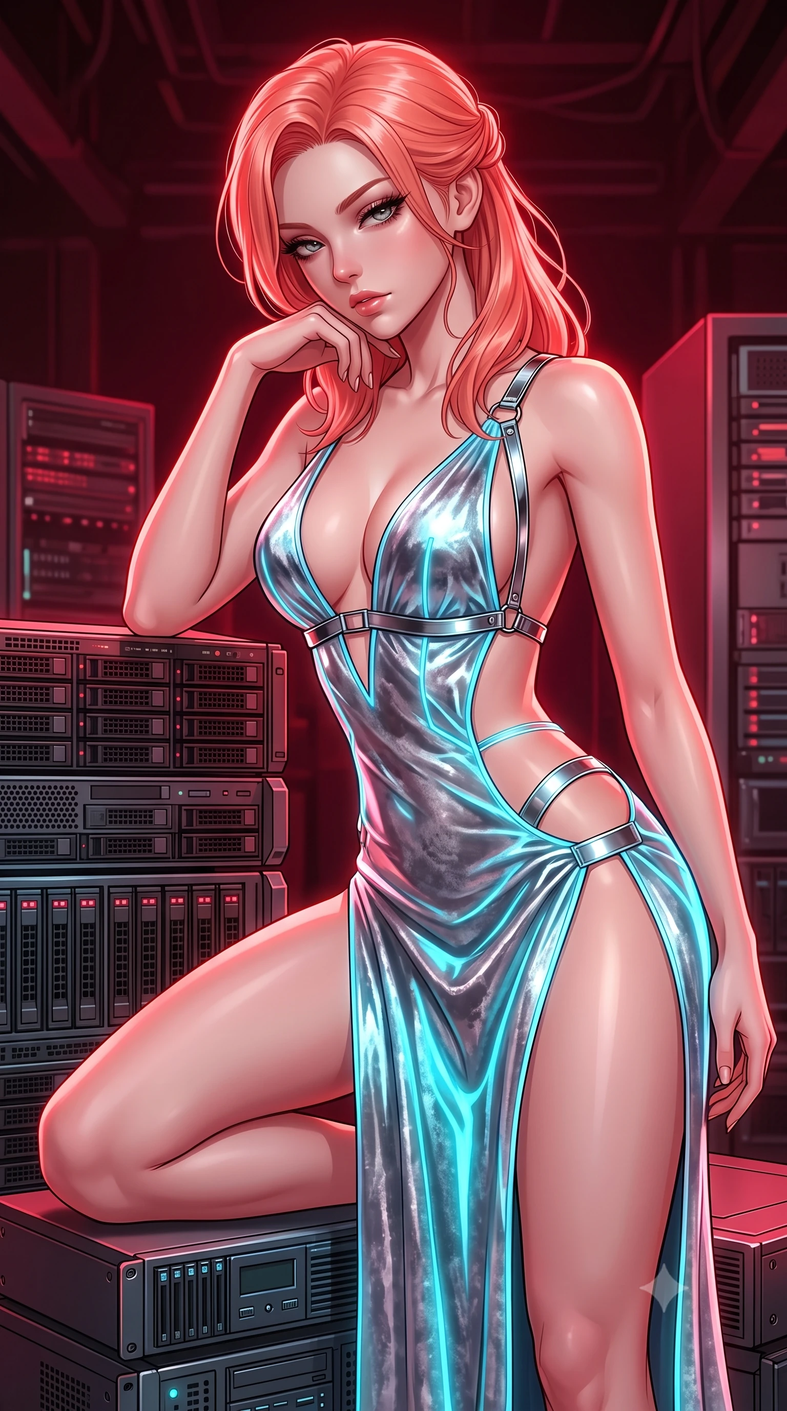 score_9, masterpiece, best quality, ultra-detailed, high-budget anime keyframe, semi-realistic 3D game render, editorial fashion photography, tasteful artistic composition, Japanese woman. close-up cowboy shot from the waist and thighs up, the character dominates the composition, filling the frame with her large presence. casting a slow, smoldering gaze beneath heavy lashes with parted glossy lips, her head slightly tilted in captivating self-assurance while leaning forward on a throne of server racks with a dangerous smolder resting her elbow on her knee. The surrounding environment is rendered in vivid detail and crisp panoramic clarity. rich high-contrast cybernetic throne room architecture captured with environmental sharpness. She has an exceptionally elegant, slender, and willowy female figure with an ultra-slim waist, a gracefully sculpted slender torso, and a refined silhouette. sharp v-shaped jawline, high-bridge nose, intricate jewel-like eyes with depth, thick eyelashes, glossy lips with a natural sheen, flawlessly proportioned anatomical accuracy, natural body alignment, perfectly sculpted elegant limbs, clean dynamic posture without body distortion. wearing a backless crushed velvet gown with a deep V-neckline, strategic hip cutouts, and an ultra-high thigh slit in liquid mercury silver and glowing electric cyan, tailored from semi-translucent cybernetic vinyl with glowing micro-filaments, reinforced by a sleek metallic chrome harness and delicate glowing micro-straps, the daring cutouts accentuating her delicate midriff, graceful collarbones, and feminine contour. illuminated by deep ruby red ambient glow and crisp silver specular highlights. highly saturated vibrant anime colors, detailed shading with soft gradients, rich glossy textures, high-contrast stereoscopic depth, volumetric dynamic lighting, master piece, 9:16 ratio