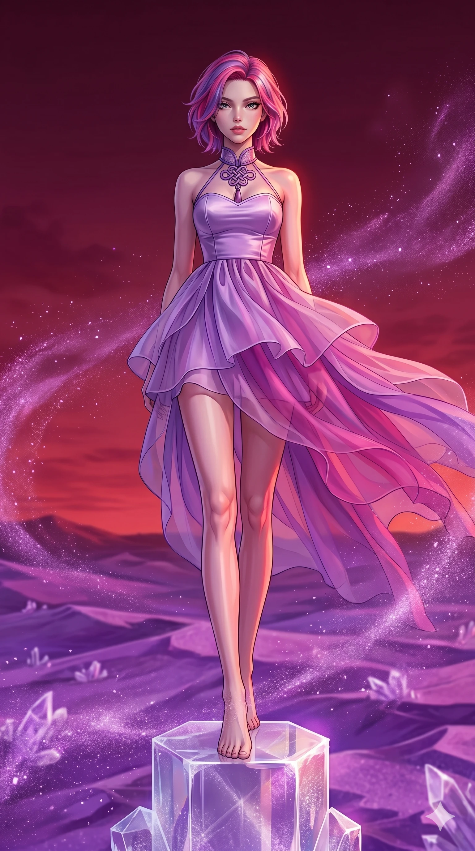 score_9, masterpiece, best quality, ultra-detailed, high-budget anime keyframe, Caucasian woman, strictly human ears. low angle full-body shot filling the entire 9:16 frame with her statuesque presence, stretching the vertical silhouette. standing atop a transparent salt crystal tower in a purple crystalline desert as winds blow shimmering purple dust under a crimson sunset. She has an absolutely perfect 8-heads proportion, an exceptionally tall and slender female figure with impossibly long slender legs and an ultra-slim waist. V-shaped jawline, high-bridge nose, intricate jewel-like eyes with depth, thick eyelashes, glossy lips with a natural sheen.. wearing a modern fusion silk hanbok dress, featuring a silk bustier top, layered sheer organza skirts, and a traditional knot choker. accented by dynamic color-blocked lighting with high-contrast shadows emphasizing her statuesque height. 2k, ultra detail, master piece, 9:16 ratio