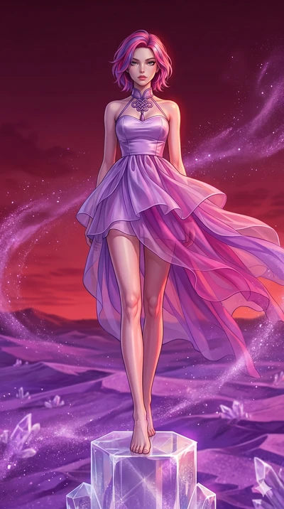 score_9, masterpiece, best quality, ultra-detailed, high-budget anime keyframe, Caucasian woman, strictly human ears. low angle full-body shot filling the entire 9:16 frame with her statuesque presence, stretching the vertical silhouette. standing at