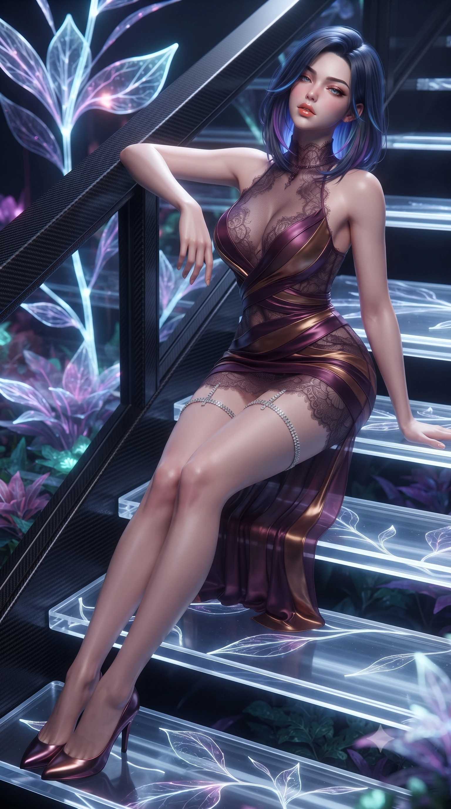 score_9, masterpiece, best quality, ultra-detailed, high-budget anime keyframe, editorial fashion photography, tasteful artistic composition, Caucasian woman. close-up cowboy shot from the waist and thighs up, the character dominates the composition, filling the frame with her large presence. leaning back against the balustrade with relaxed seductive grace, head tilted back slightly while casting a hypnotic, heavy-lidded gaze while sitting on a catwalk stair tread with legs extended gracefully downward, displaying her impossibly long slender limbs with supermodel cool. The surrounding environment is rendered in vivid detail and crisp panoramic clarity: sharp glowing flower petal veins, clear acrylic catwalk tread edges, and carbon-fiber structural truss ribs in deep focus. She has an exceptionally elegant, slender, and willowy female figure with an ultra-slim waist, flat toned midriff, narrow ribcage, and sculpted feminine hips creating an alluring, slim hourglass silhouette without bulk. sharp v-shaped jawline, high-bridge nose, sparkling eyes with hypnotic seductive depth, thick curled eyelashes, glossy parted lips with a natural dewy peach sheen, alluring bedroom-eyes with an enchanting coquettish smile, exuding magnetic siren charisma and sophisticated glamour, flawlessly proportioned anatomical accuracy, strict slender model proportions, natural body alignment, perfectly sculpted long slender limbs, ultra-slim waistline, clean dynamic posture without body distortion. wearing a provocative high-neck sheer illusion cocktail dress with liquid satin ribbons contouring her curves in rich dark plum violet and gilded bronze, made of delicate semi-sheer French Chantilly lace with intricate eyelash edges, finished with delicate crystal-encrusted thigh garter straps glinting in the dim light, the liquid-tight tailored fabric clinging flawlessly to her narrow waist and rounded feminine hips, emphasizing every millimeter of her sculpted slim hourglass curves without any bulky heaviness. bathed in the ethereal glow of living bioluminescent plants mixed with soft greenhouse downlighting. ultra-reflective glossy finish, specular highlights, rich textural contrasts, high-contrast stereoscopic depth, volumetric dynamic lighting, 2k, ultra detail, master piece, 9:16 ratio
