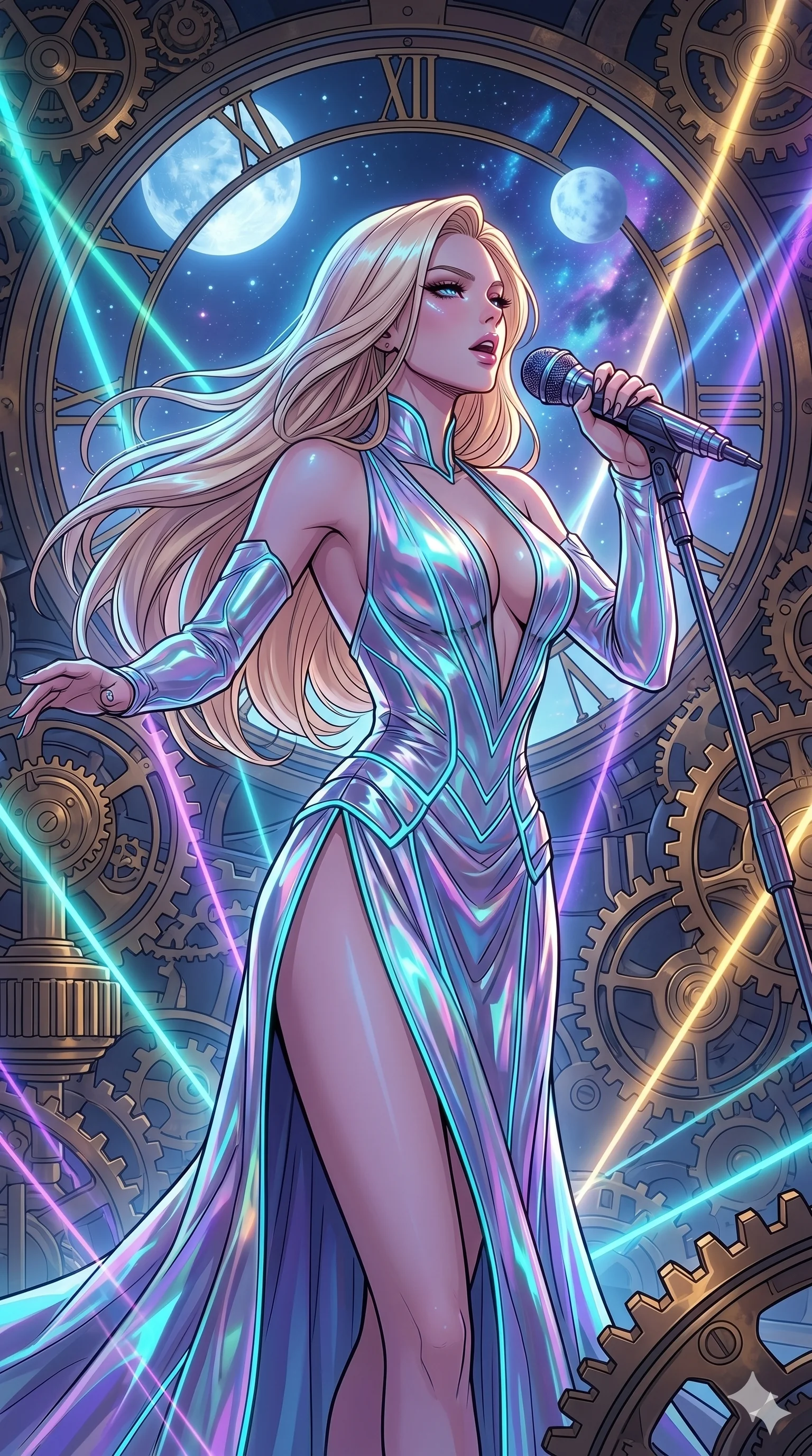 score_9, masterpiece, best quality, ultra-detailed, high-budget anime movie keyframe, cinematic anime lighting, intricate line art, Japanese woman. Medium shot of upper body capturing the intricate details of her high-fashion attire. singing on a laser stage in a clockwork heart of a city under a twin-moon sky. She has an absolutely perfect 8-heads proportion, an exceptionally tall and slender female figure with an ultra-slim waist and impossibly long slender legs. sharp v-shaped jawline, high-bridge nose, intricate jewel-like eyes, thick eyelashes, glossy lips. Wearing avant-garde high-fashion gown made of iridescent vinyl with a dangerously high side slit and a plunging neckline, revealing an ultra-slim waist and long slender legs. The scene is illuminated by dramatic atmospheric lighting and vibrant color palettes. , 2k, ultra detail, master piece, 9:16 ratio
