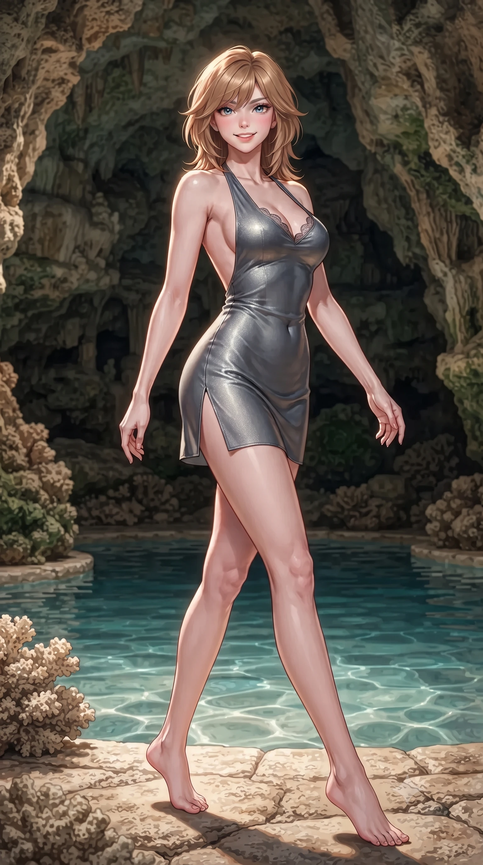score_9, masterpiece, best quality, ultra-detailed, high-budget anime keyframe, editorial fashion photography, tasteful artistic composition, Korean woman. low angle full-body shot from head to toe showing her feet, filling the entire 9:16 vertical frame with her statuesque presence, stretching her vertical silhouette. stepping forward in a confident stride, her long slender legs and curvaceous hips creating a dynamic, sweeping vertical line while standing poised on the heated fossilized coral stone floor beside the thermal mineral plunge pool inside the natural cave, arching her spine with wet-look siren grace. The surrounding environment is rendered in vivid detail and crisp panoramic clarity: sharp fossilized coral stone textures, rough limestone wall strata, and crystal-clear warm water surface caustics in deep focus. She has an exceptionally tall and slender model-like 8.5-heads proportion, an ultra-slim waist, a flat toned midriff, narrow delicate ribcage, and beautifully sculpted feminine hips creating a graceful, slim hourglass silhouette without any bulky heaviness, with impossibly long slender legs. sharp v-shaped jawline, high-bridge nose, intricate jewel-like sparkling eyes with depth, thick eyelashes, glossy parted lips with a natural peach sheen, bright cheerful beaming smile with an enchanting and coquettish sensual glint, exuding both youthful cute charm and seductive allure, flawlessly proportioned anatomical accuracy, strict slender model proportions, natural body alignment, perfectly sculpted long slender limbs, ultra-slim waistline, clean dynamic posture without body distortion. wearing a provocative backless halterneck silk lamé mini dress with deep scoop back down to her lower spine and thigh-high slit in Mont-Saint-Michel granite slate grey and moonlit tide silver, crafted from bespoke double-faced cashmere with an exceptionally soft tactile finish, finished with scalloped eyelash lace trim framing her sweetheart neckline with intimate elegance, the liquid-tight tailored fabric clinging flawlessly to her narrow waist and rounded feminine hips, emphasizing every millimeter of her sculpted slim hourglass curves without any bulky heaviness. illuminated by cave water reflection bounce and sharp honey-gold rim lights defining her razor-sharp jawline, narrow waist, and curvy hips. ultra-reflective glossy finish, specular highlights, rich textural contrasts, high-contrast stereoscopic depth, volumetric dynamic lighting, 2k, ultra detail, master piece, 9:16 ratio