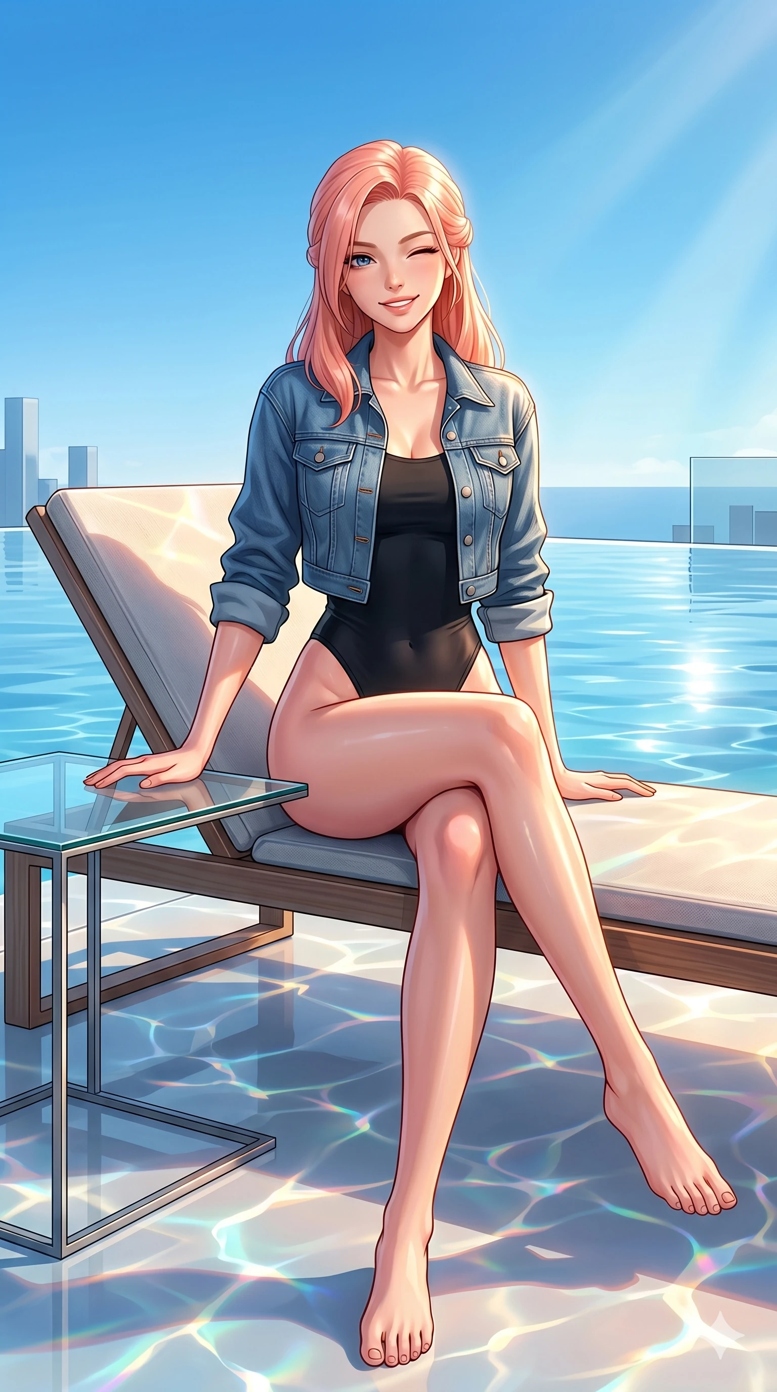 score_9, masterpiece, best quality, ultra-detailed, high-budget anime keyframe, vibrant anime aesthetic, Japanese woman. cowboy shot from the thighs up, character and outfit filling the frame for maximum presence. She is sitting by a glass table, winking and smiling cheerfully at the camera by a modern infinity pool overlooking a clear sky (Code-P20-086). She has an absolutely perfect 8-heads proportion, an exceptionally tall and slender female figure with impossibly long slender legs and an ultra-slim waist. V-shaped jawline, high-bridge nose, intricate jewel-like eyes with depth, thick eyelashes, glossy lips with a natural sheen. wearing a high-cut leg bodysuit under a cropped jacket with exposed waist. She is drenched in bright, warm sunbeams reflecting off the pool water, casting dancing highlights. 2k, ultra detail, master piece, 9:16 ratio