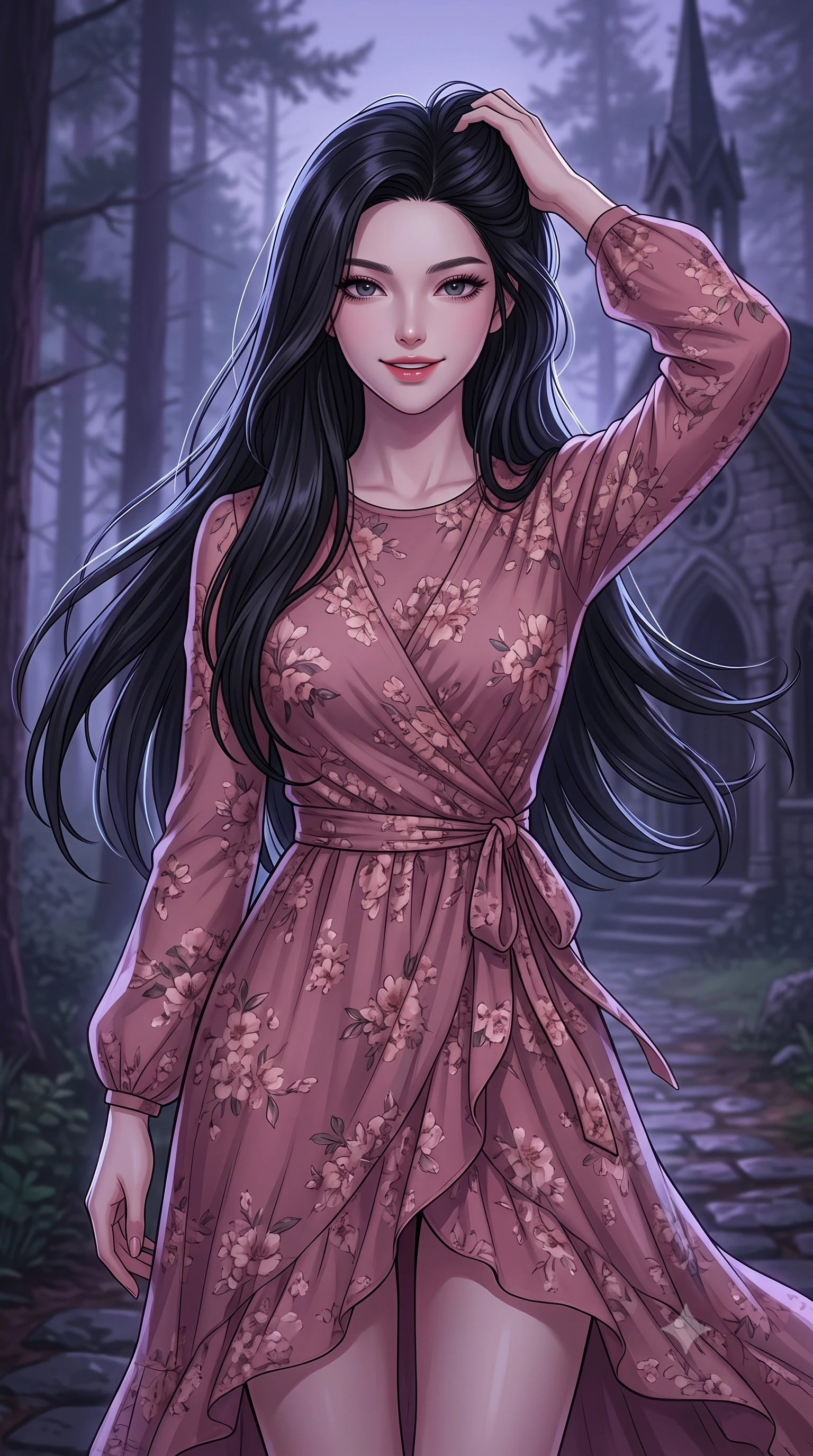 score_9, masterpiece, best quality, ultra-detailed, high-budget anime keyframe, editorial fashion photography, tasteful artistic composition, Korean woman. close-up cowboy shot from the waist and thighs up, the character dominates the composition, filling the frame with her large presence, background elements kept in soft focus. smiling with quiet, magnetic self-assurance directly into the camera, running a hand through her hair the background shows a soft-focus a misty pine forest stone path near an abandoned gothic chapel at dusk. She has an exceptionally elegant, slender, and willowy female figure with an ultra-slim waist, a gracefully sculpted slender torso, and a refined silhouette. sharp v-shaped jawline, high-bridge nose, intricate jewel-like eyes with depth, thick eyelashes, glossy lips with a natural sheen. wearing a slim-fit flowy floral-patterned wrap dress in dusty rose chiffon with long sleeves and a modest crew neck. deep purple and blue dusk light with a cold silver rim light on her form. highly saturated vibrant anime colors, detailed shading with soft gradients, rich glossy textures, high-contrast stereoscopic depth, volumetric dynamic lighting, master piece, 9:16 ratio
