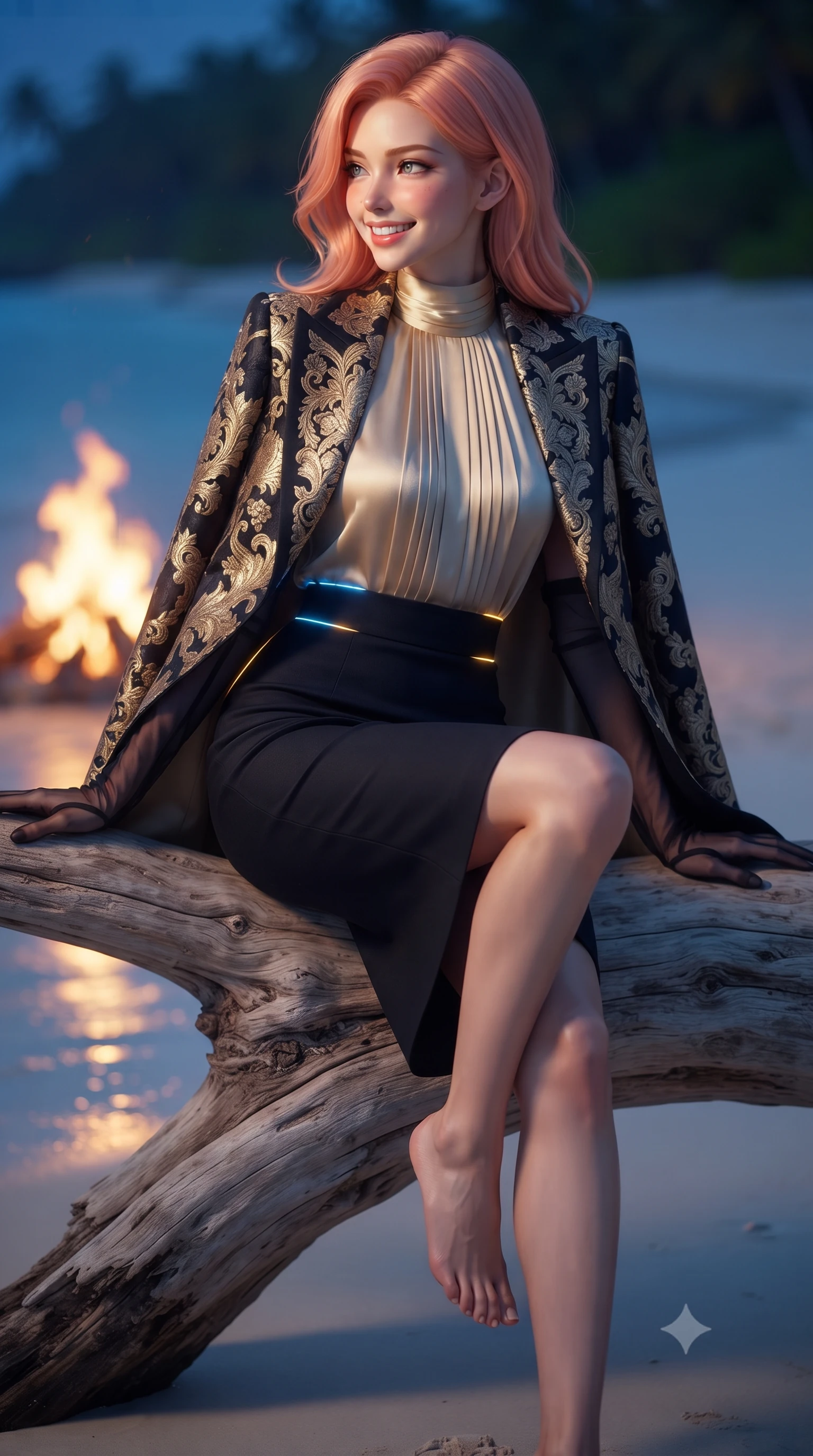 score_9, masterpiece, best quality, ultra-detailed, high-budget anime keyframe, editorial fashion photography, tasteful artistic composition, Japanese woman. close-up cowboy shot from the waist and thighs up, the character dominates the composition, filling the frame with her large presence. perched sideways on the lounge seat, one knee drawn up to showcase her slender leg line while her arched back accentuates her feminine hip curve while leaning against the sculptural weathered driftwood log with hips cocked back, looking along the glowing blue shoreline with smoldering bedroom-eyes. The background shows a soft-focus flickering beach campfire embers softened in magical Maldivian nocturnal beach shallow focus. She has an exceptionally elegant, slender, and willowy female figure with an ultra-slim waist, flat toned midriff, narrow ribcage, and sculpted feminine hips creating an alluring, slim hourglass silhouette without bulk. sharp v-shaped jawline, high-bridge nose, intricate jewel-like sparkling eyes with depth, thick eyelashes, glossy parted lips with a natural peach sheen, bright cheerful beaming smile with an enchanting and coquettish sensual glint, exuding both youthful cute charm and seductive allure, flawlessly proportioned anatomical accuracy, strict slender model proportions, natural body alignment, perfectly sculpted long slender limbs, ultra-slim waistline, clean dynamic posture without body distortion. wearing a bespoke Florentine Medici-embroidered brocade cape blazer draped over a high-neck pleated silk blouse and tailored pencil skirt in deep midnight obsidian black and champagne gold, crafted from bespoke double-faced cashmere with an exceptionally soft tactile finish, complemented by sheer opera-length evening gloves tracing her slender arms, the bespoke structured tailoring following the natural line of her 8.5-heads silhouette with refined elegance. illuminated by glowing wet sand reflection sheen and sharp neon-blue and gold dual rim lights defining her dewy collarbones, ultra-slim waist, and curvy hips. ultra-reflective glossy finish, specular highlights, rich textural contrasts, high-contrast stereoscopic depth, volumetric dynamic lighting, 2k, ultra detail, master piece, 9:16 ratio