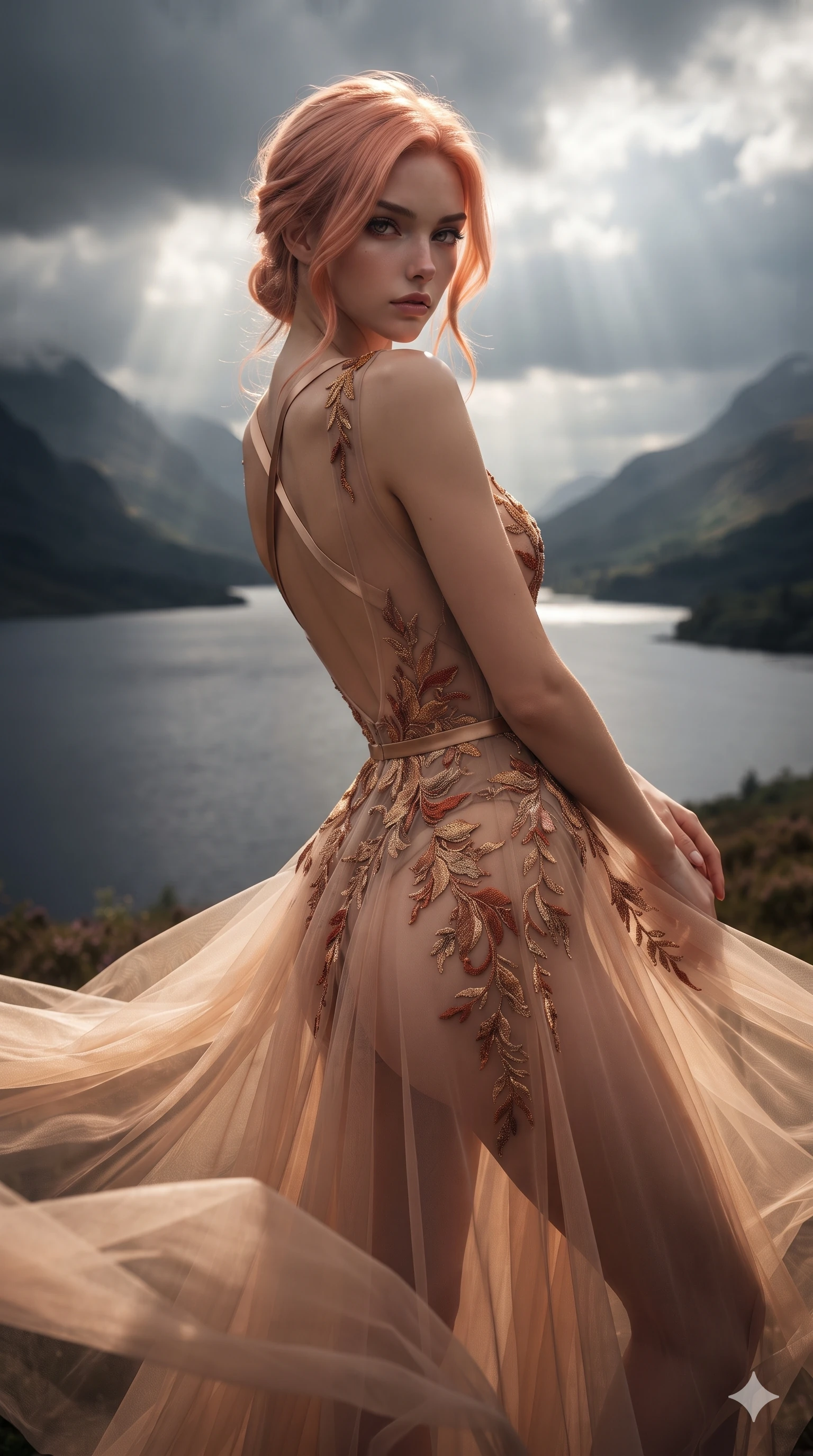 score_9, masterpiece, best quality, ultra-detailed, high-budget anime keyframe, editorial fashion photography, tasteful artistic composition, Japanese woman. close-up cowboy shot from the waist and thighs up, the character dominates the composition, filling the frame with her large presence. leaning back with relaxed seductive grace, her sculpted collarbones and narrow waist highlighted as she casts smoldering bedroom-eyes directly into the camera while turning in an alluring contrapposto stance as her sweeping heavy fabric catches the highland breeze, gazing out over the vast loch with sovereign allure. The composition keeps background elements in soft focus with creamy bokeh: vast dark loch waters stretching between mist-capped mountains, dramatic storm cloud breaks, and ancient heather hills blurred into slate, heather, and silver bokeh. She has an exceptionally elegant, slender, and willowy female figure with an ultra-slim waist, flat toned midriff, narrow ribcage, and sculpted feminine hips creating an alluring, slim hourglass silhouette without bulk. sharp v-shaped jawline, high-bridge nose, intricate jewel-like eyes with depth, thick eyelashes, glossy parted lips with a natural sheen, intensely captivating and seductive bedroom-eyes expression, flawlessly proportioned anatomical accuracy, strict slender model proportions, natural body alignment, perfectly sculpted long slender limbs, ultra-slim waistline, clean dynamic posture without body distortion. wearing a sheer-illusion tulle evening gown with strategic metallic embroidery tracing her dewy collarbones, flat midriff, and hips in molten desert gold and burnt terracotta, made of sheer gossamer chiffon that drapes softly against skin with airy translucence, finished with criss-cross back satin straps highlighting her graceful shoulder blades, the dramatically scooped open back descending to the base of her spine, accentuating her razor-sharp statuesque lines and slim hourglass silhouette. dramatic golden sunbeam shafts piercing storm clouds and casting high-contrast specular rim lights across her silhouette. ultra-reflective glossy finish, specular highlights, rich textural contrasts, high-contrast stereoscopic depth, volumetric dynamic lighting, 2k, ultra detail, master piece, 9:16 ratio