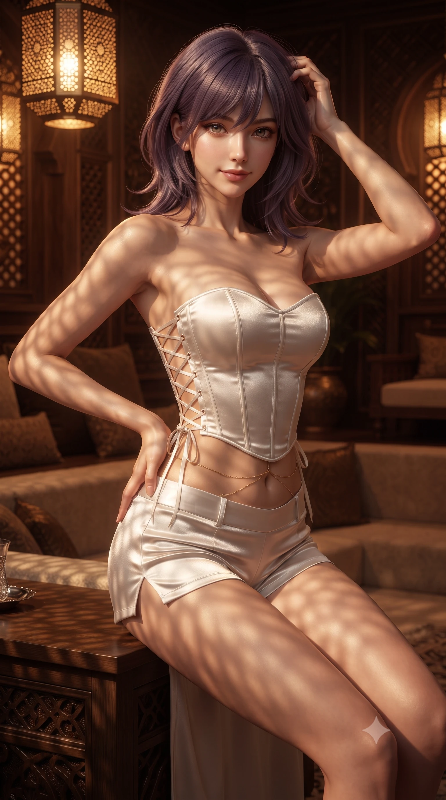 score_9, masterpiece, best quality, ultra-detailed, high-budget anime keyframe, editorial fashion photography, tasteful artistic composition, Japanese woman. close-up cowboy shot from the waist and thighs up, the character dominates the composition, filling the frame with her large presence. twisting her slender torso in an alluring contrapposto stance, one hand resting on her sculpted hip while her fingers toy with her hair with effortless poise while sitting perched on the edge of the sunken carpeted lounge with legs extended, holding a silver mint tea glass with a captivating seductive smile. The surrounding environment is rendered in vivid detail and crisp panoramic clarity: detailed backless plunge-front silk jumpsuit tailoring, gold body chain shine, and bespoke cabana woodwork in high resolution. She has an exceptionally elegant, slender, and willowy female figure with an ultra-slim waist, flat toned midriff, narrow ribcage, and sculpted feminine hips creating an alluring, slim hourglass silhouette without bulk. sharp v-shaped jawline, high-bridge nose, sparkling eyes with hypnotic seductive depth, thick curled eyelashes, glossy parted lips with a natural dewy peach sheen, alluring bedroom-eyes with an enchanting coquettish smile, exuding magnetic siren charisma and sophisticated glamour, flawlessly proportioned anatomical accuracy, strict slender model proportions, natural body alignment, perfectly sculpted long slender limbs, ultra-slim waistline, clean dynamic posture without body distortion. wearing a strapless boned satin corset bodice paired with low-waisted tailored satin hot-pants in pure pearl alabaster with platinum sheen, tailored from ultra-plush velvet with rich tactile depth and deep shadow gradients, featuring fine criss-cross lace-up side ties revealing tantalizing glimpses of her hip curve, the high-slit wrap tailoring accentuating her ultra-slim waistline and the enchanting curve of her feminine hips with alluring seductive charm. bathed in warm 2200K amber glow filtering through perforated brass lanterns creating intricate geometric shadow patterns. ultra-reflective glossy finish, specular highlights, rich textural contrasts, high-contrast stereoscopic depth, volumetric dynamic lighting, 2k, ultra detail, master piece, 9:16 ratio