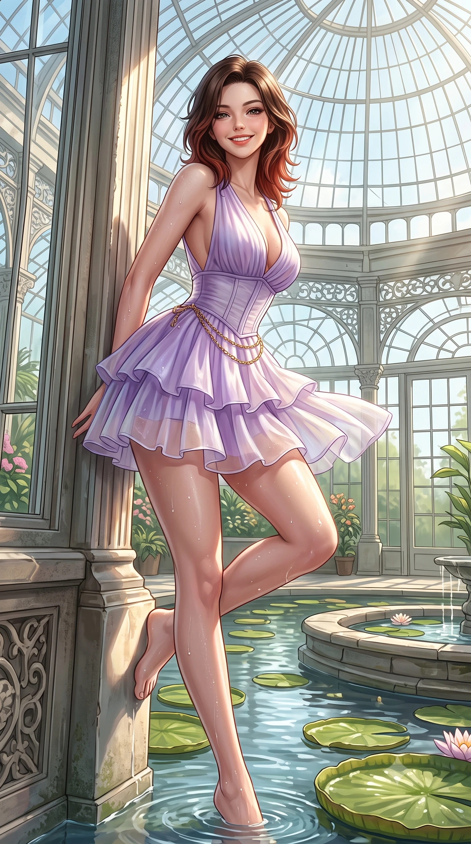 score_9, masterpiece, best quality, ultra-detailed, high-budget anime keyframe, semi-realistic 3D game render, editorial fashion photography, tasteful artistic composition, Korean woman. low angle full-body shot from head to toe showing her feet, filling the entire 9:16 vertical frame with her statuesque presence, stretching her vertical silhouette. leaning deep against the sunlit architecture with hips cocked back in a cute yet unapologetically alluring high-fashion stance, flashing a warm beaming smile while wading lightly beside a tranquil stone lily pond with one knee bent, water caustics tracing her feminine hips and long slender legs. The surrounding environment is rendered in vivid detail and crisp panoramic clarity. detailed dress weave, moisture beads on skin, and Victorian glasshouse architecture in high clarity. She has an exceptionally tall and slender model-like 8.5-heads proportion, an ultra-slim waist, a flat toned midriff, narrow delicate ribcage, and beautifully sculpted feminine hips creating a graceful, slim hourglass silhouette without any bulky heaviness, with impossibly long slender legs. sharp v-shaped jawline, high-bridge nose, intricate jewel-like sparkling eyes with depth, thick eyelashes, glossy parted lips with a natural peach sheen, bright cheerful beaming smile with an enchanting and coquettish sensual glint, exuding both youthful cute charm and seductive allure, flawlessly proportioned anatomical accuracy, strict slender model proportions, natural body alignment, perfectly sculpted long slender limbs, ultra-slim waistline, clean dynamic posture without body distortion. wearing a tiered ruffled chiffon mini dress with a fitted corseted waist and open back in delicate lavender violet and pearlescent white, woven from layered gossamer organza with weightless flutter, accented with a delicate gold chain belt resting loosely on her curvy hips, the high-waisted tailoring accentuating her ultra-slim waistline and the enchanting curve of her feminine hips with alluring charm. bathed in fresh botanical sunbeams filtering through the soaring glass dome. highly saturated vibrant anime colors, detailed shading with soft gradients, rich glossy textures, high-contrast stereoscopic depth, volumetric dynamic lighting, master piece, 9:16 ratio