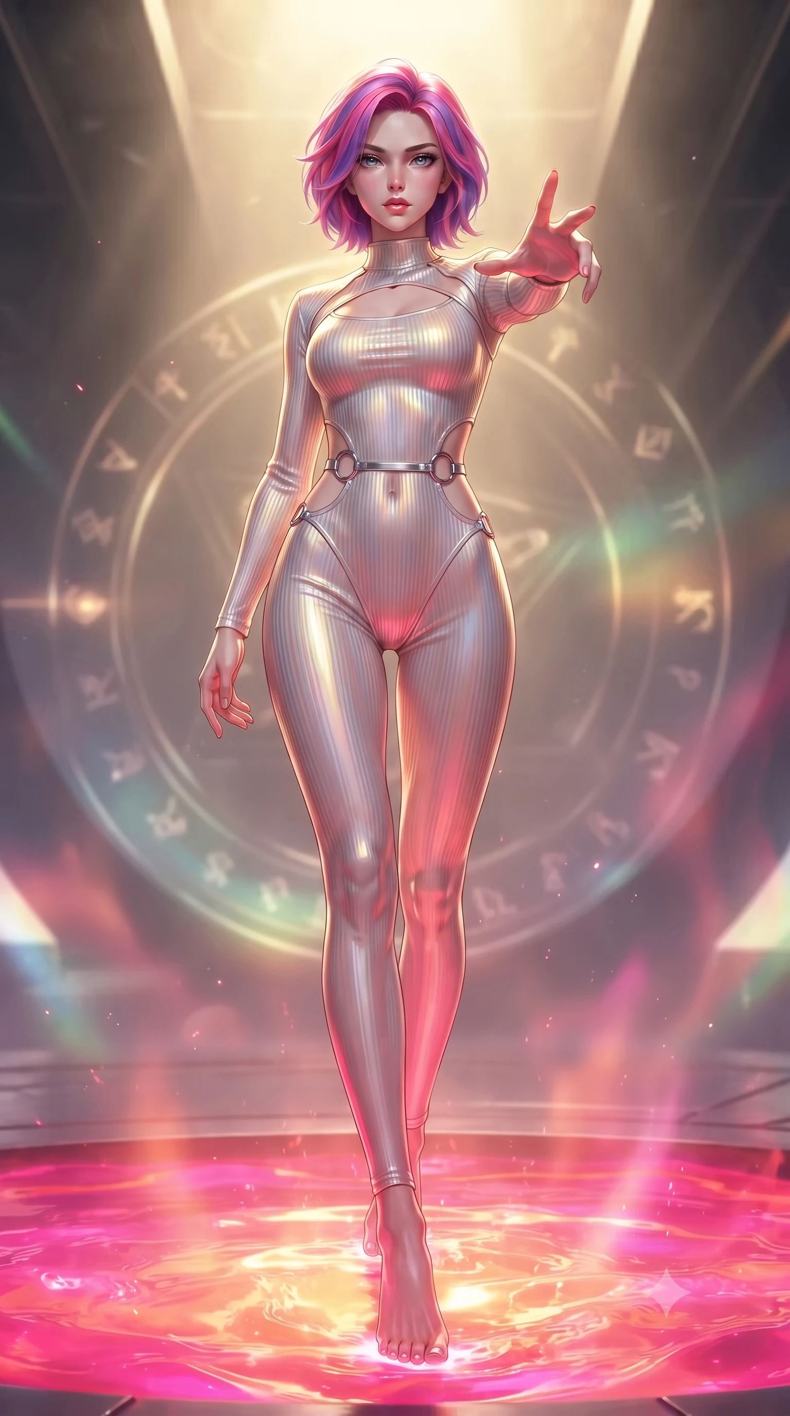 score_9, masterpiece, best quality, ultra-detailed, high-budget anime keyframe, editorial fashion photography, tasteful artistic composition, Caucasian woman. low angle full-body shot from head to toe showing her feet, filling the entire 9:16 vertical frame with her statuesque presence, stretching her vertical silhouette. stepping forward in a proud dynamic stride, her vertical silhouette filling the frame with statuesque presence while pivoting dynamically with one hand extending toward the viewer in a power pose, boiling liquid aurora energy radiating intense hot pink and orange light from below. She has an absolutely perfect, statuesque 8.5-heads proportion, an exceptionally tall and slender model-like female figure with impossibly long slender legs and an ultra-slim waist. sharp v-shaped jawline, high-bridge nose, intricate jewel-like eyes with depth, thick eyelashes, glossy lips with a natural sheen, flawlessly proportioned anatomical accuracy, natural body alignment, perfectly sculpted elegant limbs, clean dynamic posture without body distortion. wearing a form-fitting ribbed activewear set with elegant collar cutouts in pearl white and rose gold, crafted from iridescent chiffon that shifts colors in the light, accented with delicate chrome ring hardware framing her waist, the form-contouring material highlighting her ultra-slim waist and long lines. illuminated by golden alchemy rune radiance and dramatic top key light. ultra-reflective glossy finish, specular highlights, metallic sheen, high-contrast stereoscopic depth, volumetric dynamic lighting, 2k, ultra detail, master piece, 9:16 ratio