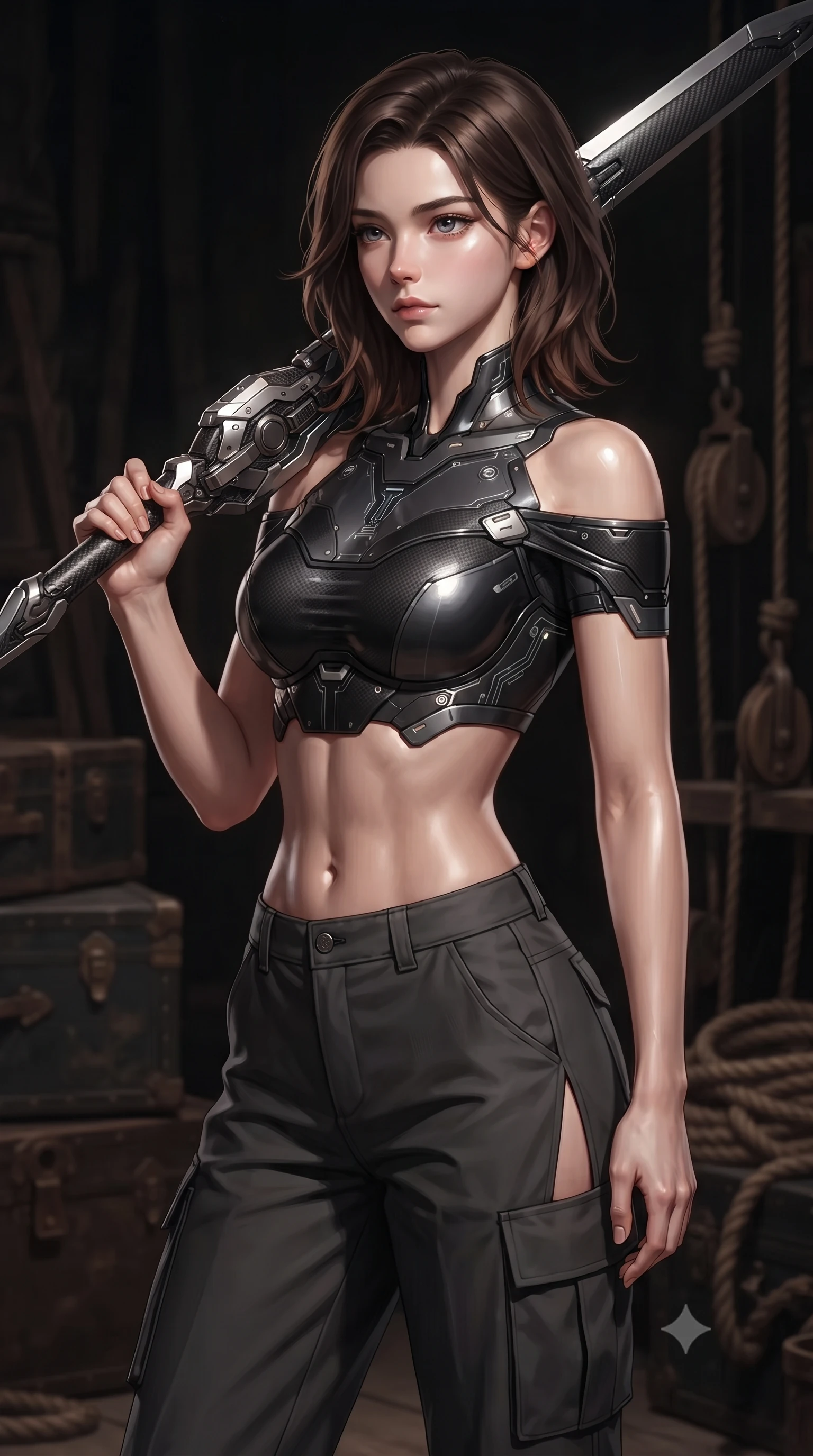 score_9, masterpiece, best quality, ultra-detailed, high-budget anime keyframe, editorial fashion photography, tasteful artistic composition, Korean woman. close-up cowboy shot from the waist and thighs up, the character dominates the composition, filling the frame with her large presence, background elements kept in soft focus. holding a deactivated nanotech glaive, looking past the camera with quiet, sharp focus and a composed expression, the background shows a soft-focus a vintage stage wing with wooden trunks, pulleys, and ropes in the dark. She has an exceptionally elegant, slender, and willowy female figure with an ultra-slim waist, a gracefully sculpted slender torso, and a refined silhouette. sharp v-shaped jawline, high-bridge nose, intricate jewel-like eyes with depth, thick eyelashes, glossy lips with a natural sheen. wearing a form-contouring off-shoulder carbon-fiber armor top paired with high-slit tactical cargo pants, showing her delicately sculpted midriff. dramatic chiaroscuro lighting focusing on her athletic, slender build. ultra-reflective glossy finish, specular highlights, metallic sheen, high-contrast stereoscopic depth, volumetric dynamic lighting, 2k, ultra detail, master piece, 9:16 ratio